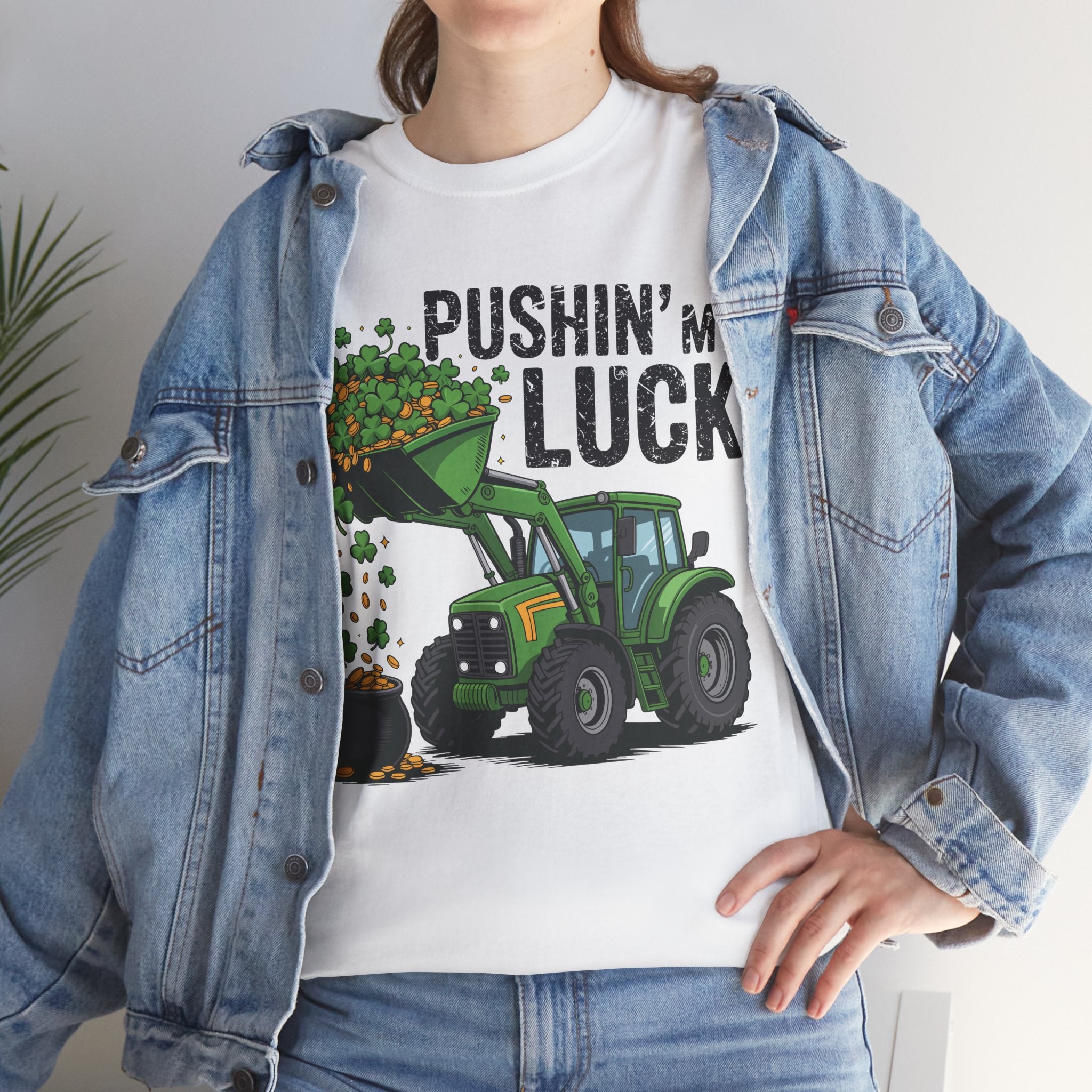 Pushin' My Luck Shamrock Tractor Tee — St. Patrick's Day Unisex Cotton T-Shirt