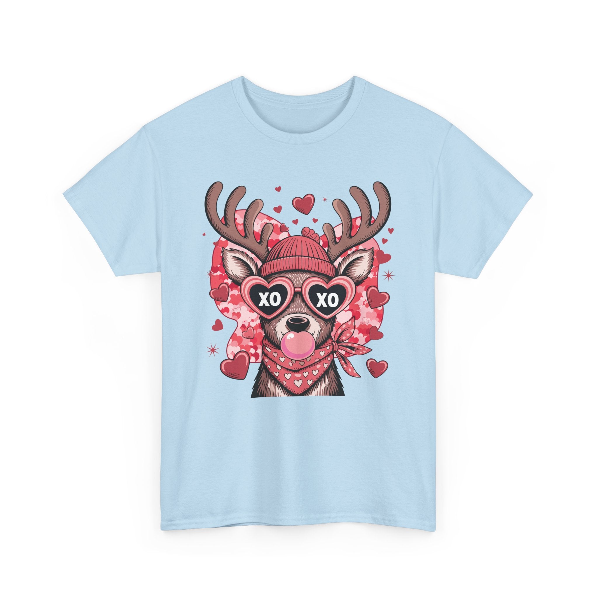 Valentine Deer Tee — Cute XO Heart Glasses, Beanie & Scarf Unisex Cotton Tshirt