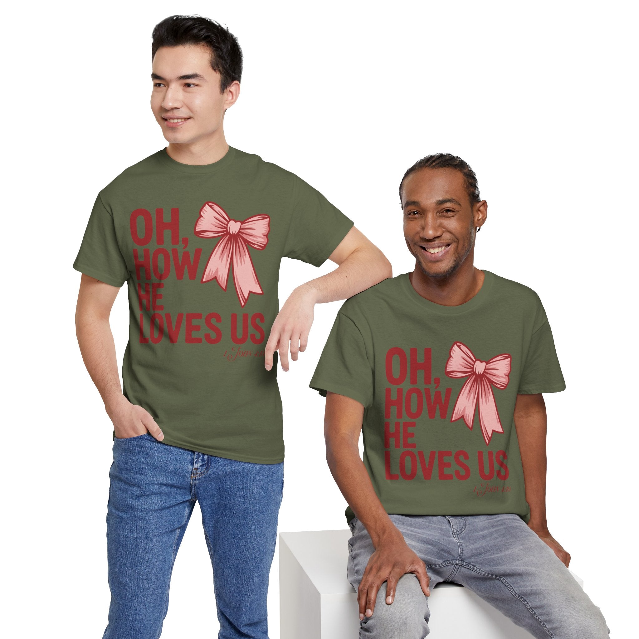 Oh, How He Loves Us Christian Valentine Tee — 1 John 4:10 Red & Pink Unisex Cotton Tee