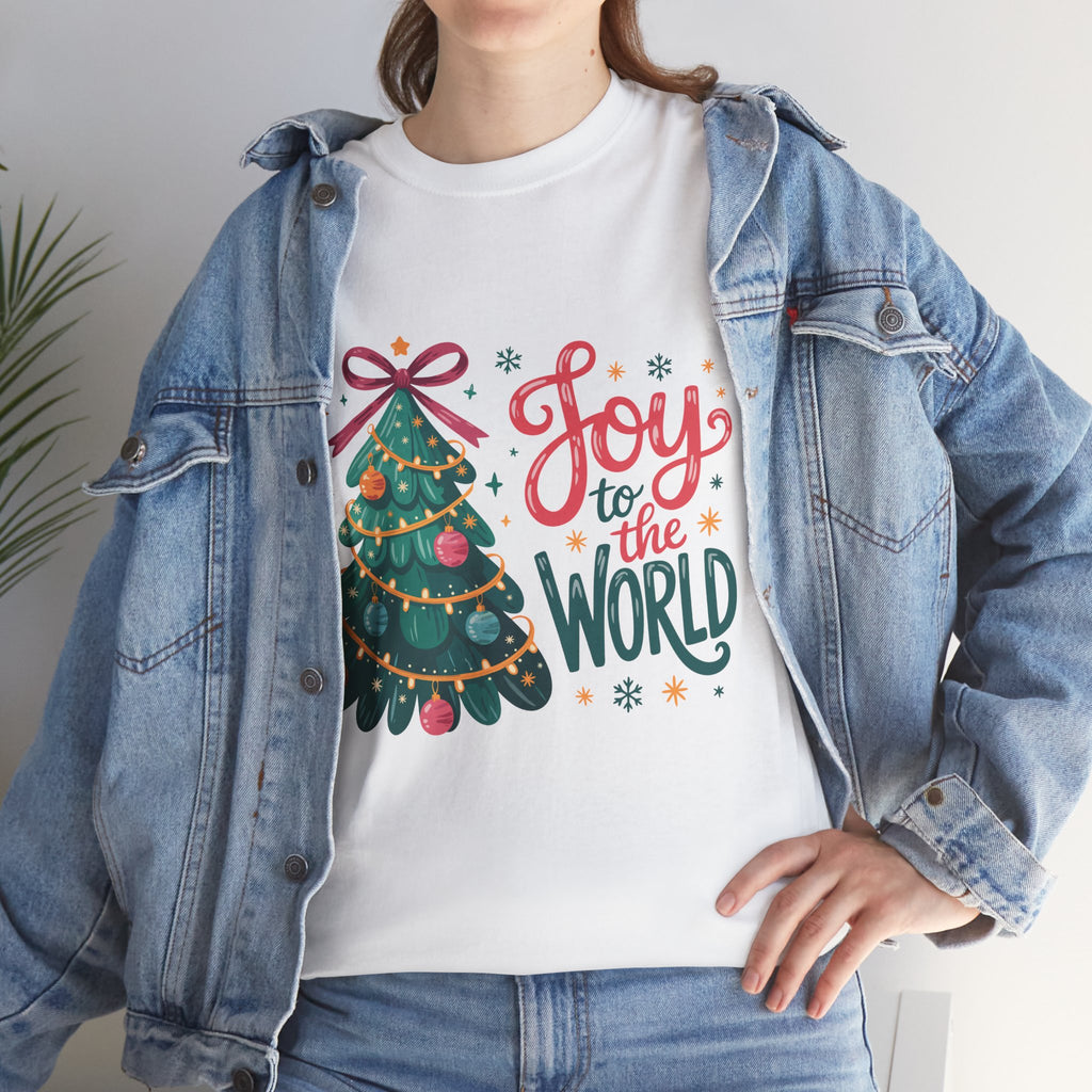 Joy to the World Christmas Tee — Festive Tree with Pink Bow..Unisex Cotton Tee