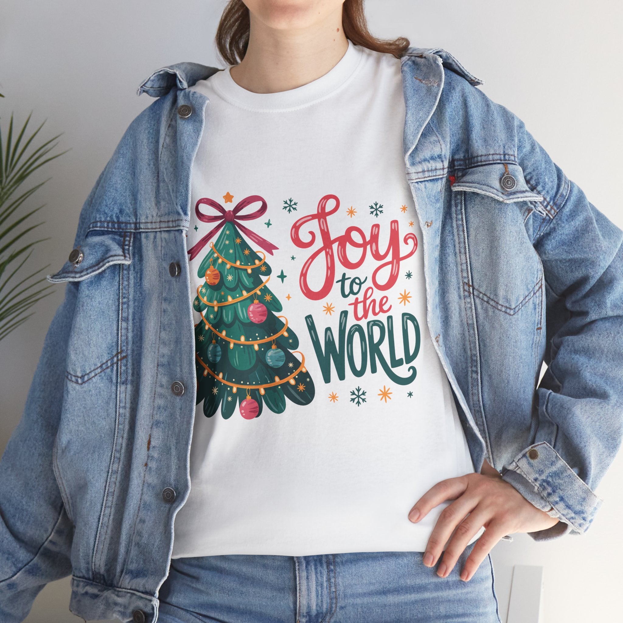 Joy to the World Christmas Tee — Festive Tree with Pink Bow..Unisex Cotton Tee