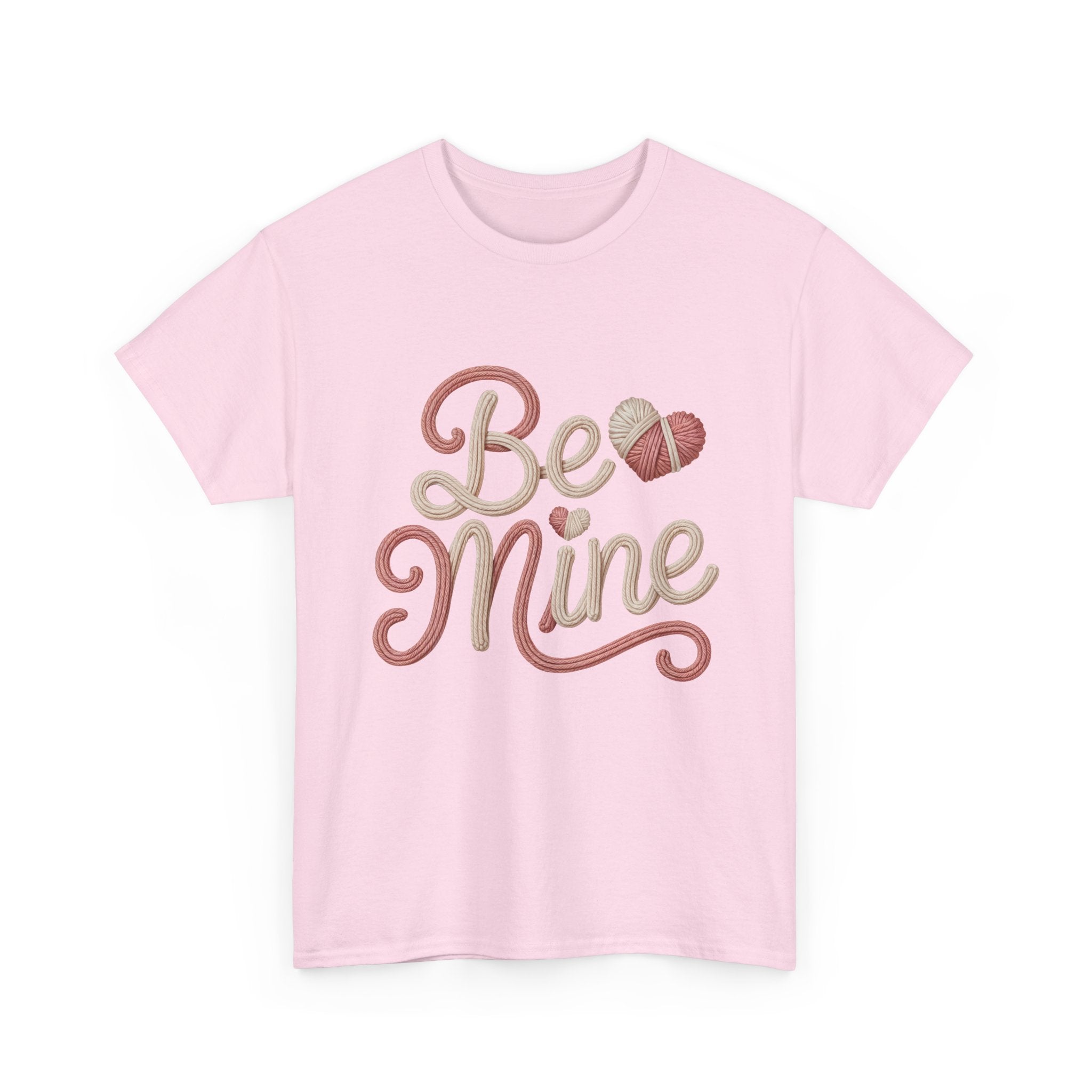 Be Mine Yarn Heart T-Shirt — Valentine’s Faux-Yarn Pink & Cream Unisex Cotton Tee