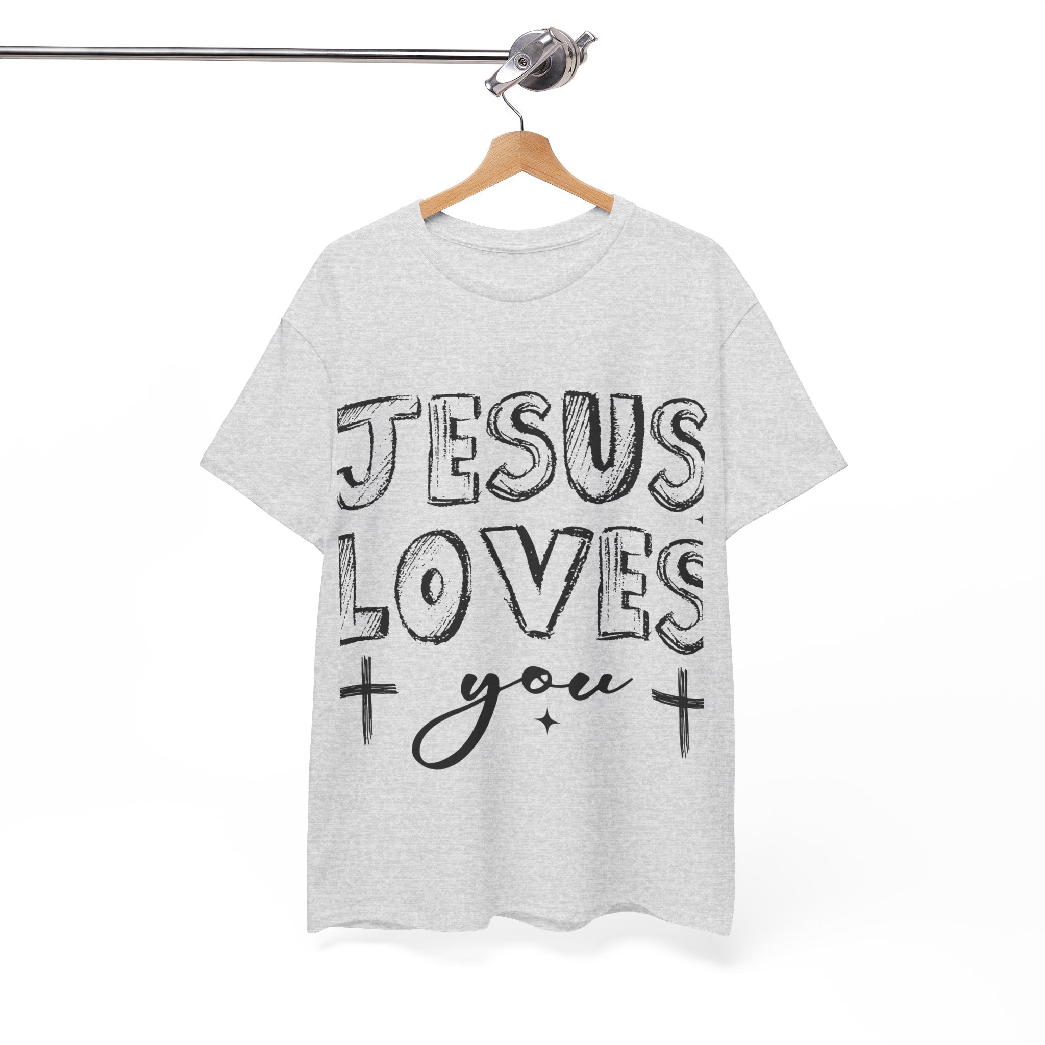 Jesus Loves You Chalk-Style Tee — Crosses & Stars Christian UNisex Cotton T-Shirt