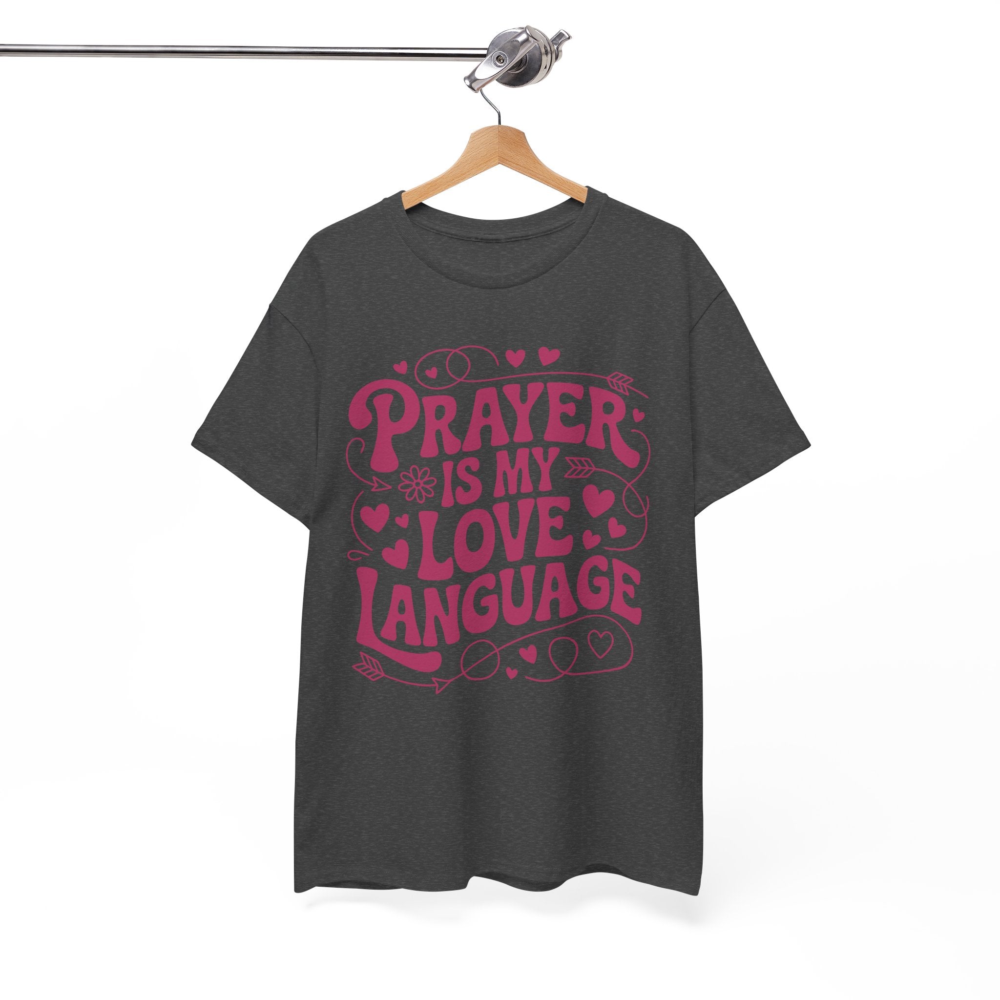 Prayer Is My Love Language Christian Tee — Pastel Pink Hearts Unisex Cotton Tee