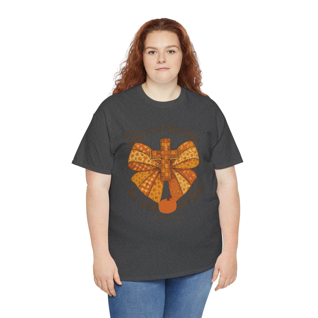 Psalm 46:5 Cross Patchwork Tee — Fall Bow Christian Unisex Cotton T-Shirt
