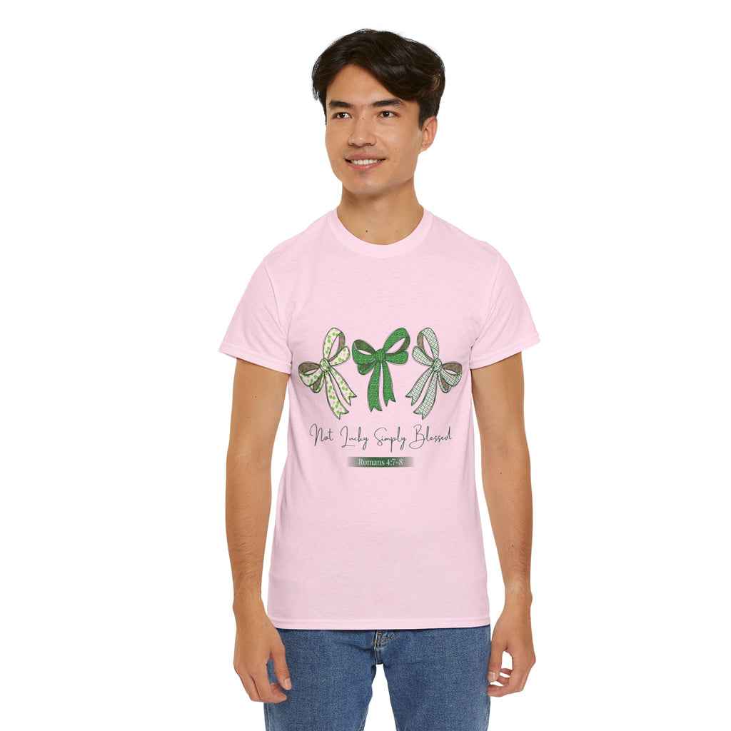 Not Lucky Simply Blessed Tee — Romans 4:7-8 Green Bow Christian Unisex Cotton T-Shirt