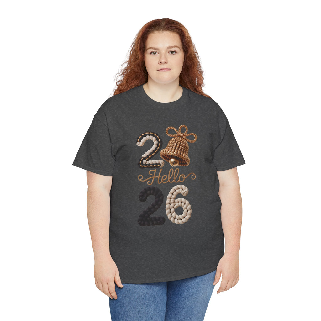 Hello 2026 Tee — Cozy Faux Yarn Braided Numbers with Woven Golden Bell..Unisex Cotton Tee