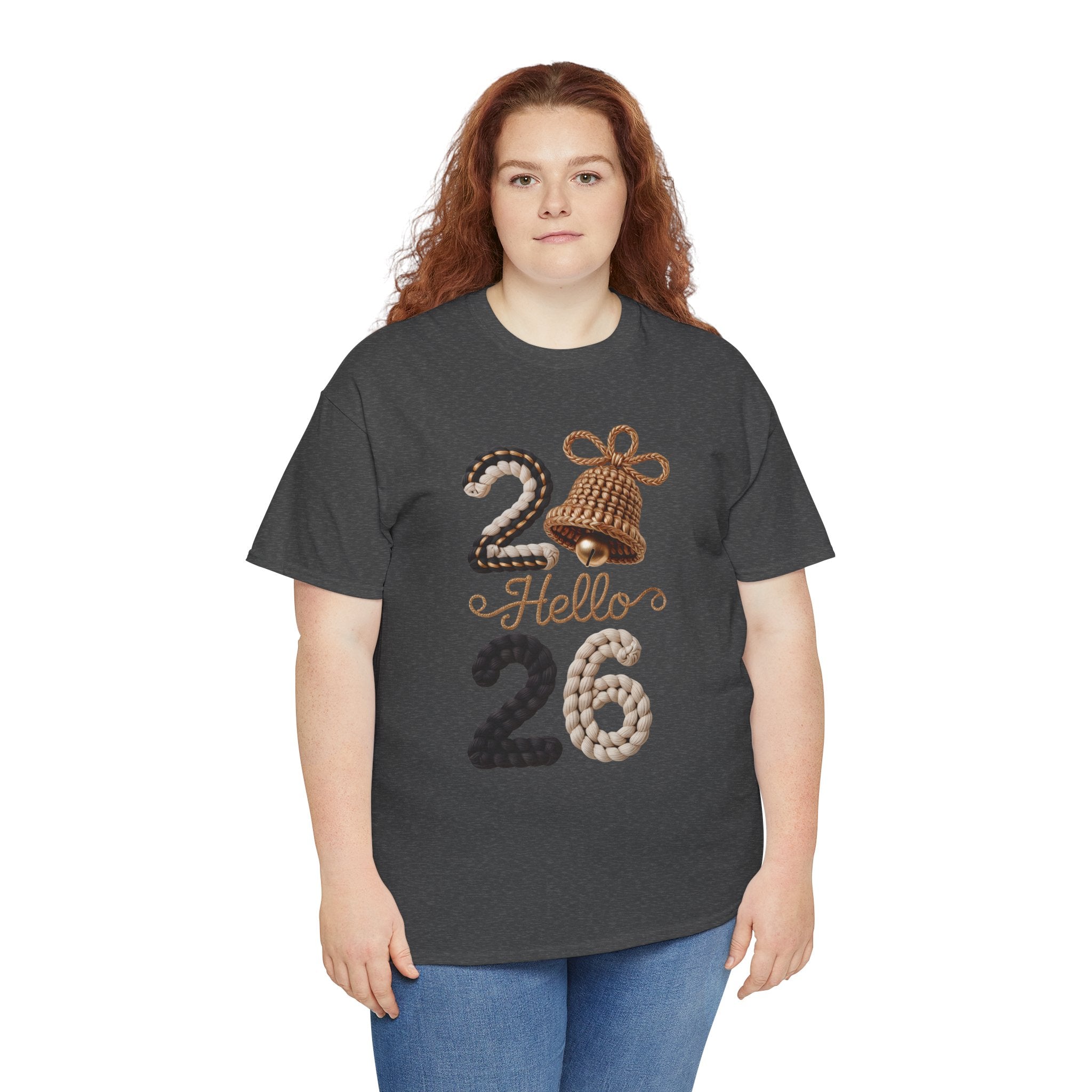 Hello 2026 Tee — Cozy Faux Yarn Braided Numbers with Woven Golden Bell..Unisex Cotton Tee
