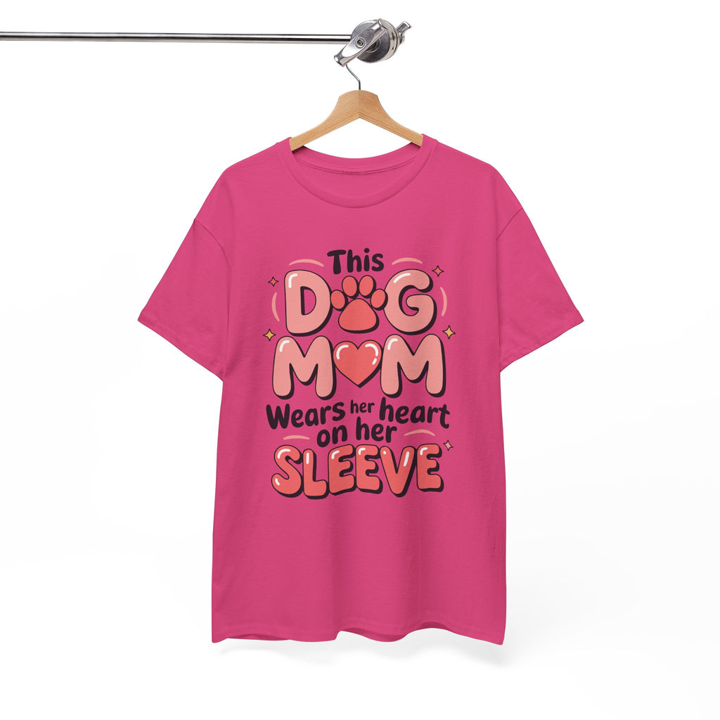 Dog Mom T-Shirt — "This Dog Mom Wears Her Heart on Her Sleeve" Paw & Heart Unisex Cotton Tee