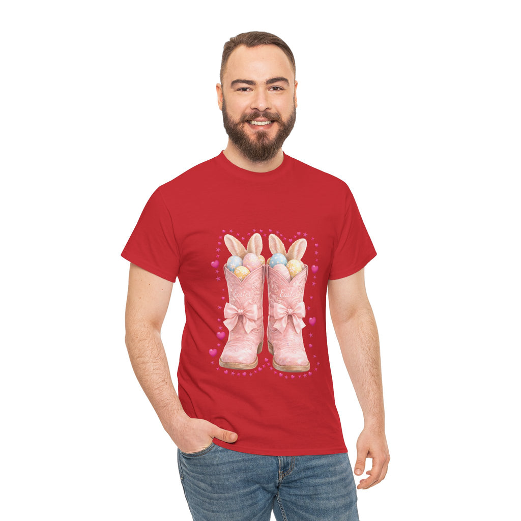 Easter Pink Western Boots Tee — Pastel Bunny Eggs & Bows Unisex Cotton Tee