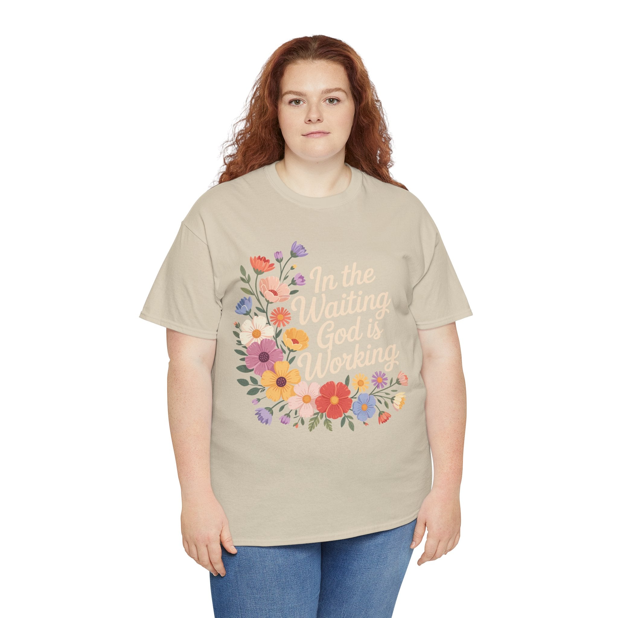 Pastel Floral “In the Waiting God Is Working” Unisex Cotton T-Shirt