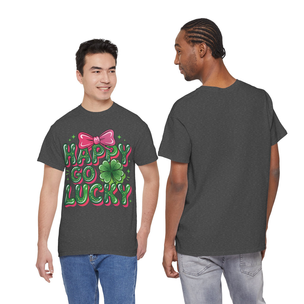 Happy Go Lucky Four-Leaf Clover Tee — Glossy Green Letters & Pink Bow Unisex Cotton Tee