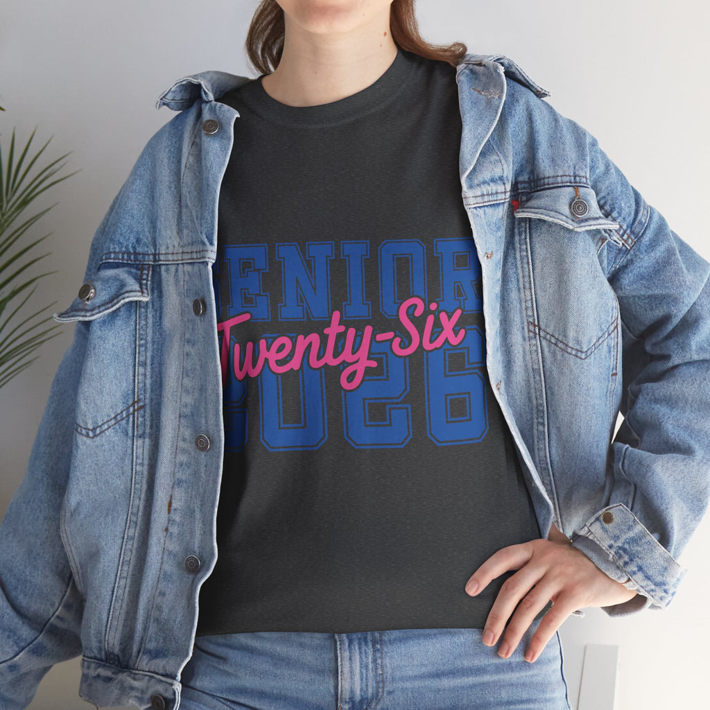 Senior 2026 Tee — Pink Varsity Block with Blue Script Overlay Unisex Cotton Tee