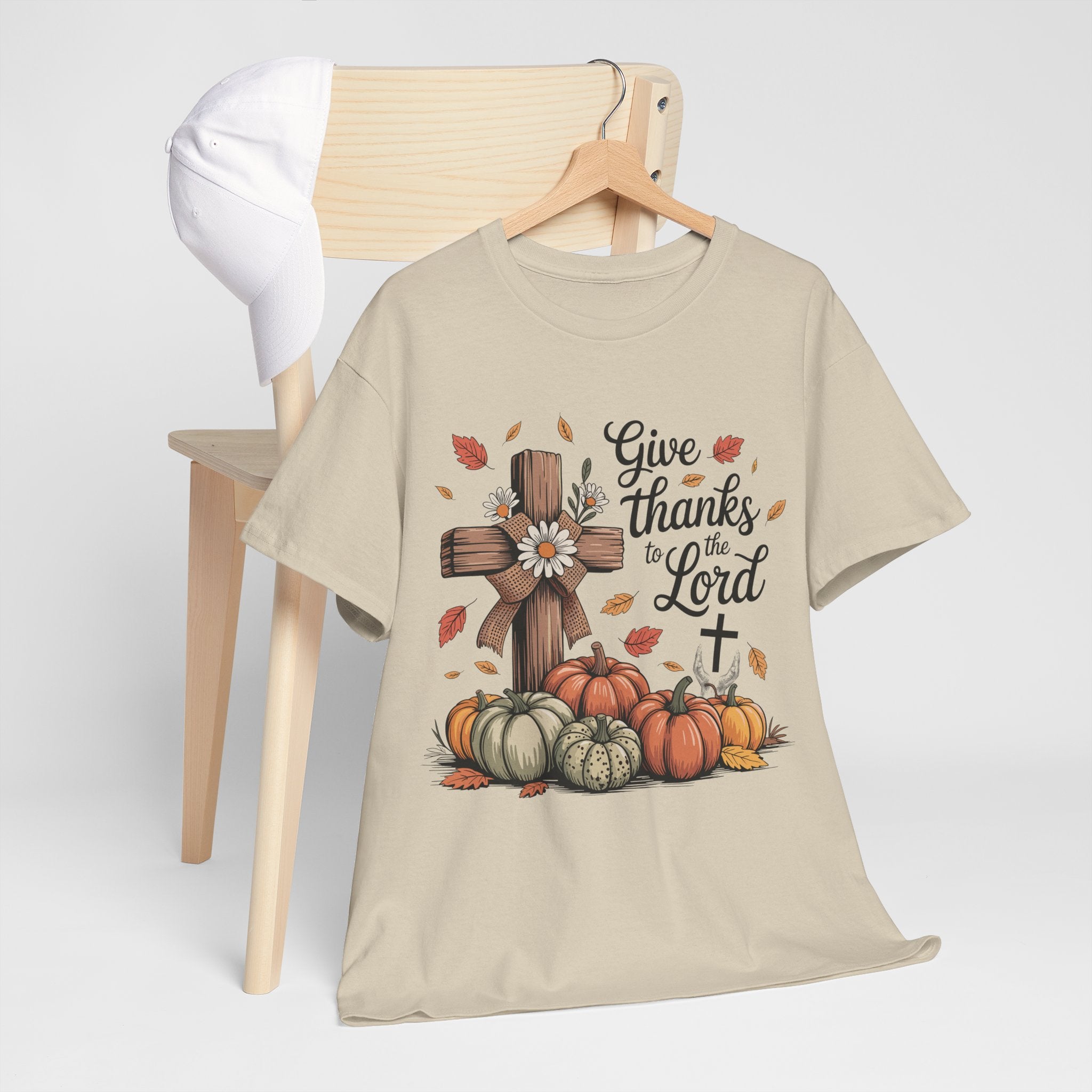 Give Thanks to the Lord Autumn Tee — Wooden Cross, Pumpkins & Daisies..Unisex Cotton Tee
