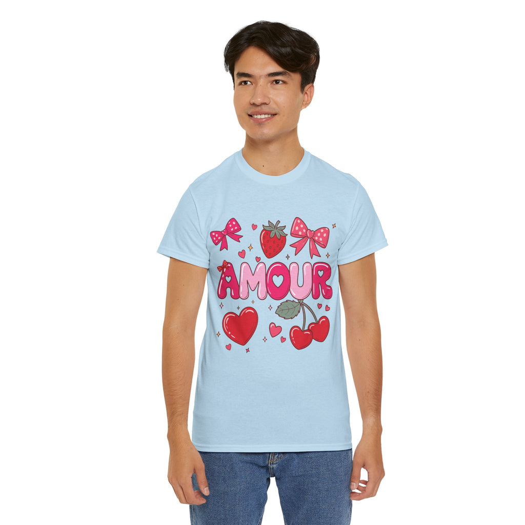 Amour Pink Hearts Tee — Shiny Lettering with Bows, Cherries & Strawberry Accent...Unisex Cotton Tee
