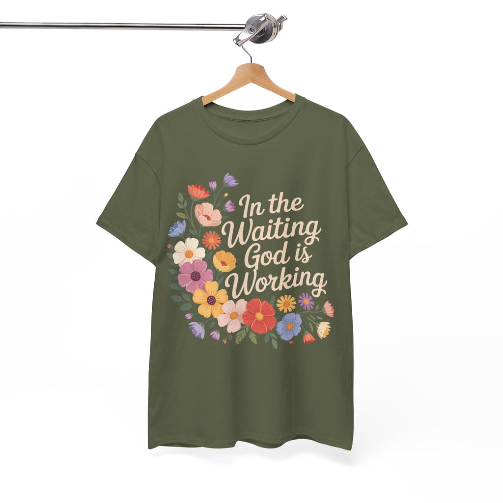 Pastel Floral “In the Waiting God Is Working” Unisex Cotton T-Shirt