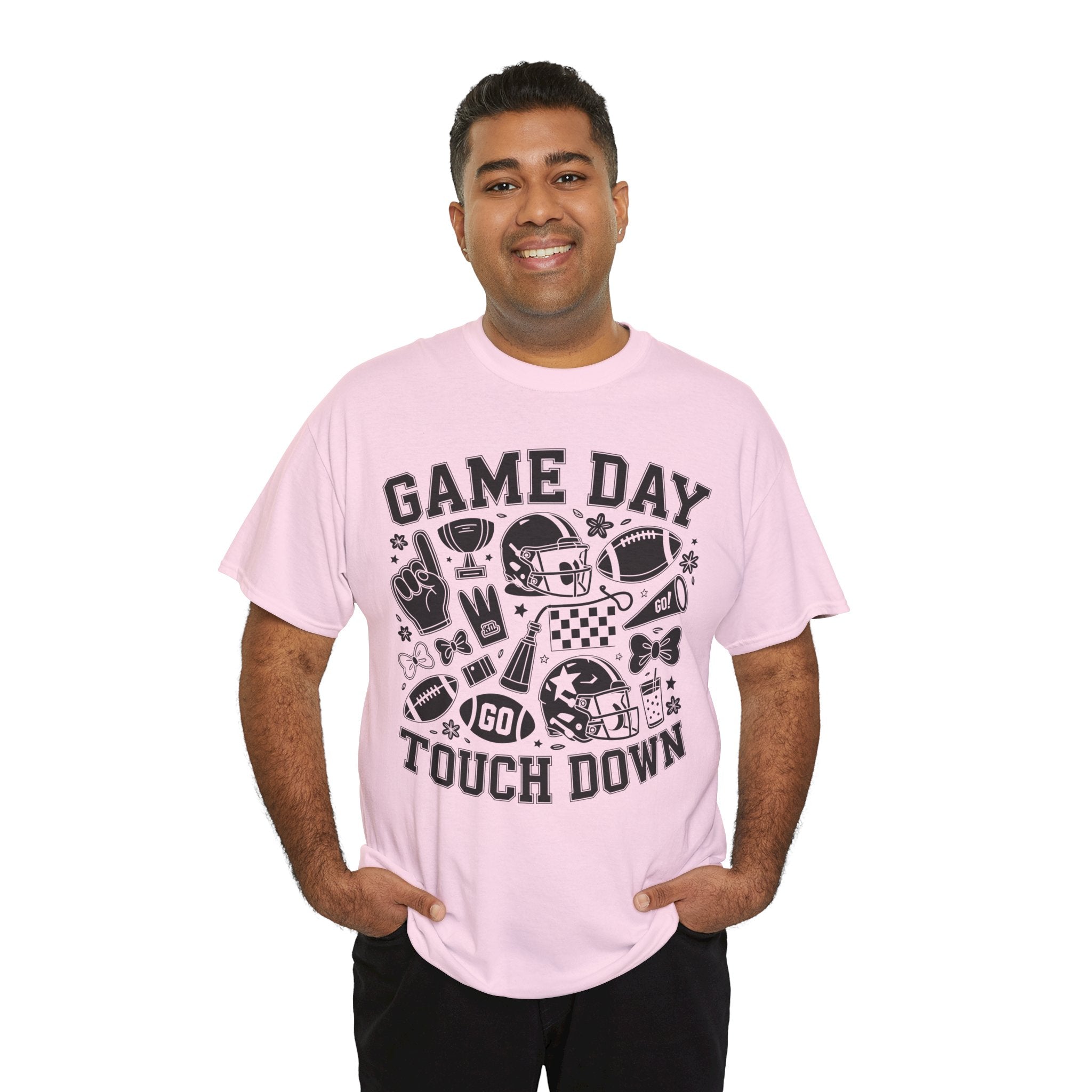 Game Day Touch Down Football T‑Shirt — Helmet & Cheer Monochrome Design Unisex Cotton Tee