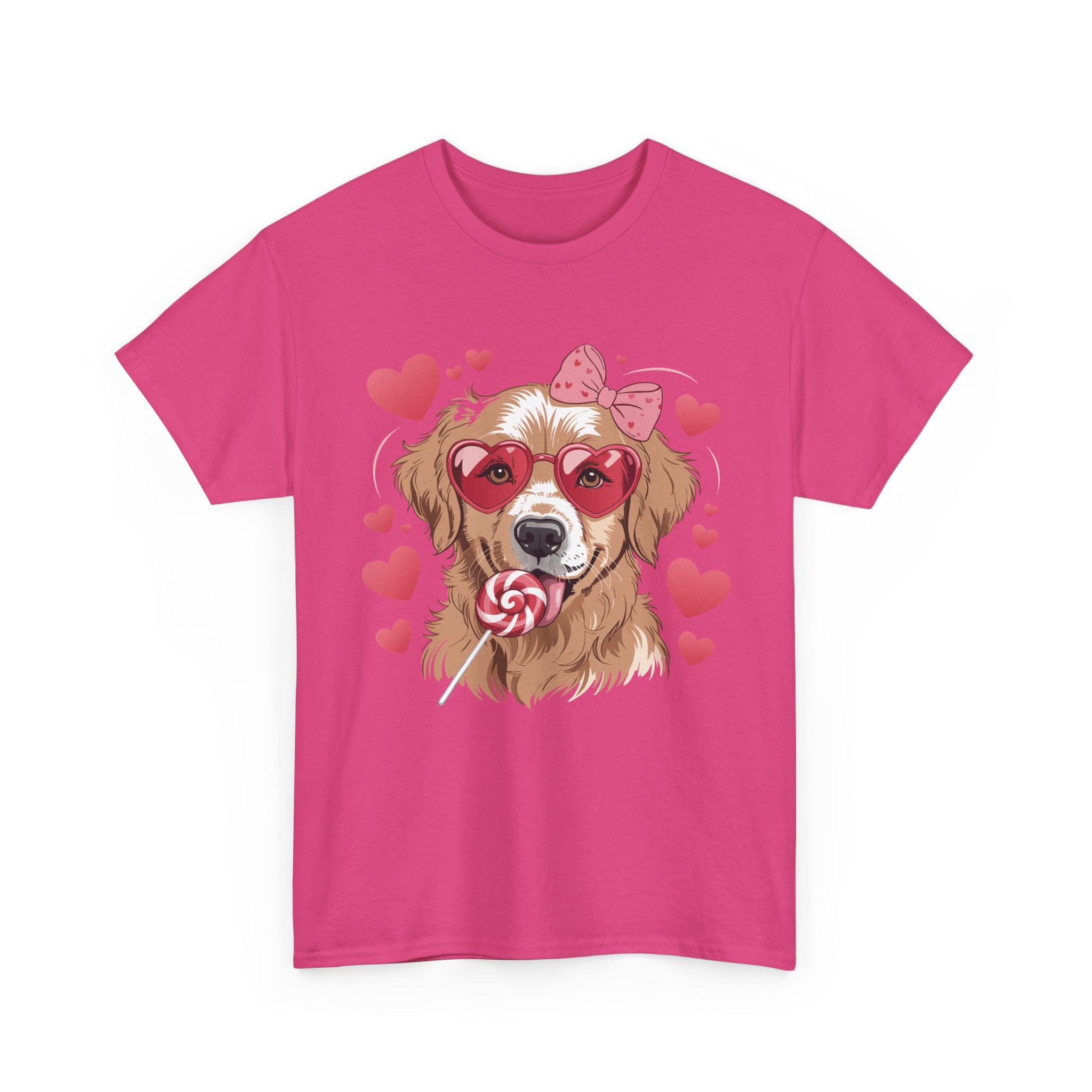 Valentine Dog T-Shirt — Cute Pup with Heart Glasses, Pink Bow & Lollipop..Unisex Cotton Tee