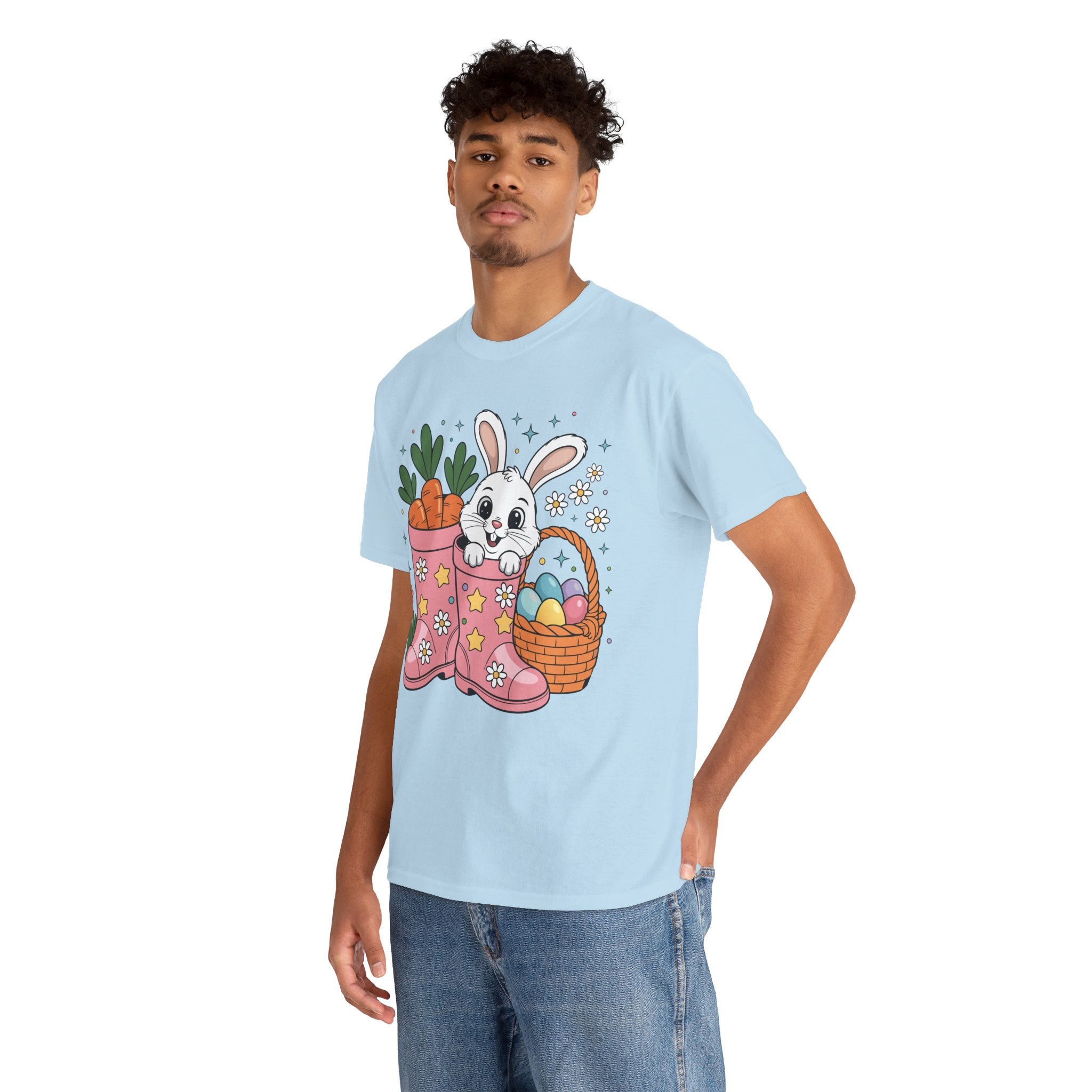 Easter Bunny in Pink Rain Boots T-Shirt — Cartoon Bunny, Carrots & Colorful Eggs Unisex Cotton Tee