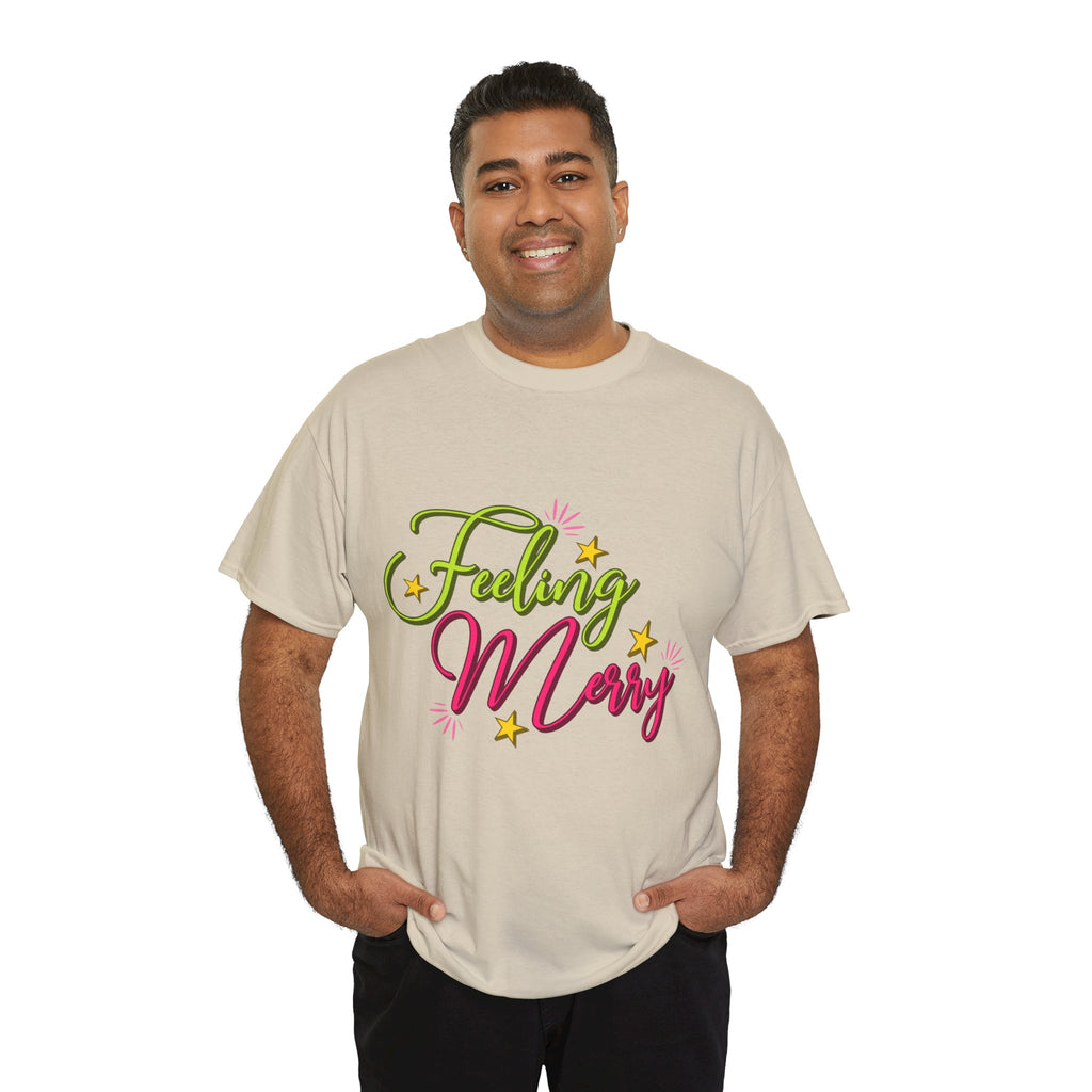 Feeling Merry T-Shirt — Bright Green & Pink Holiday Tee with Stars.Unisex Cotton Tee