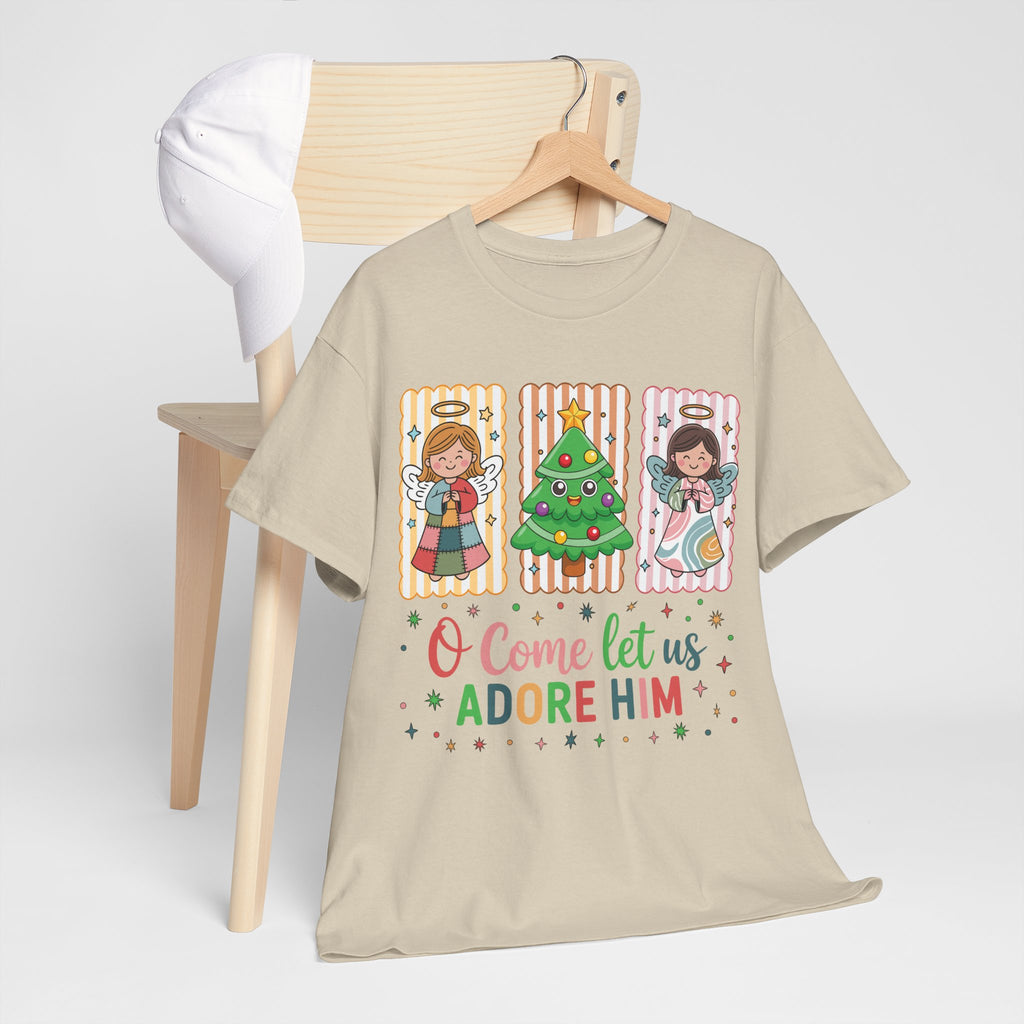 O Come Let Us Adore Him Christmas Tee — Smiling Angels & Happy Tree..Unisex Cotton Tee