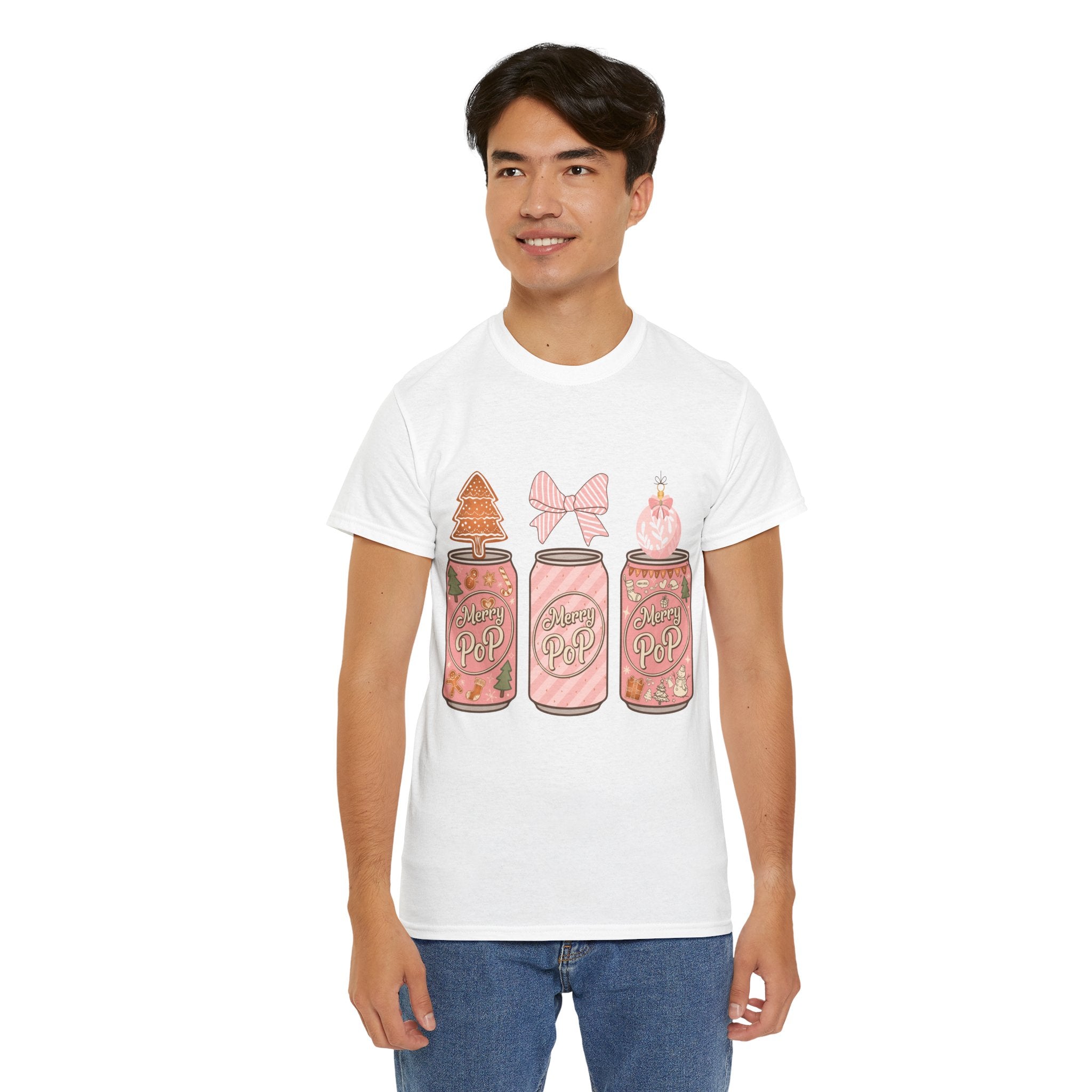 Merry Pop Christmas Soda Can Tee — Pastel Holiday Graphic Unisex Cotton T-Shirt