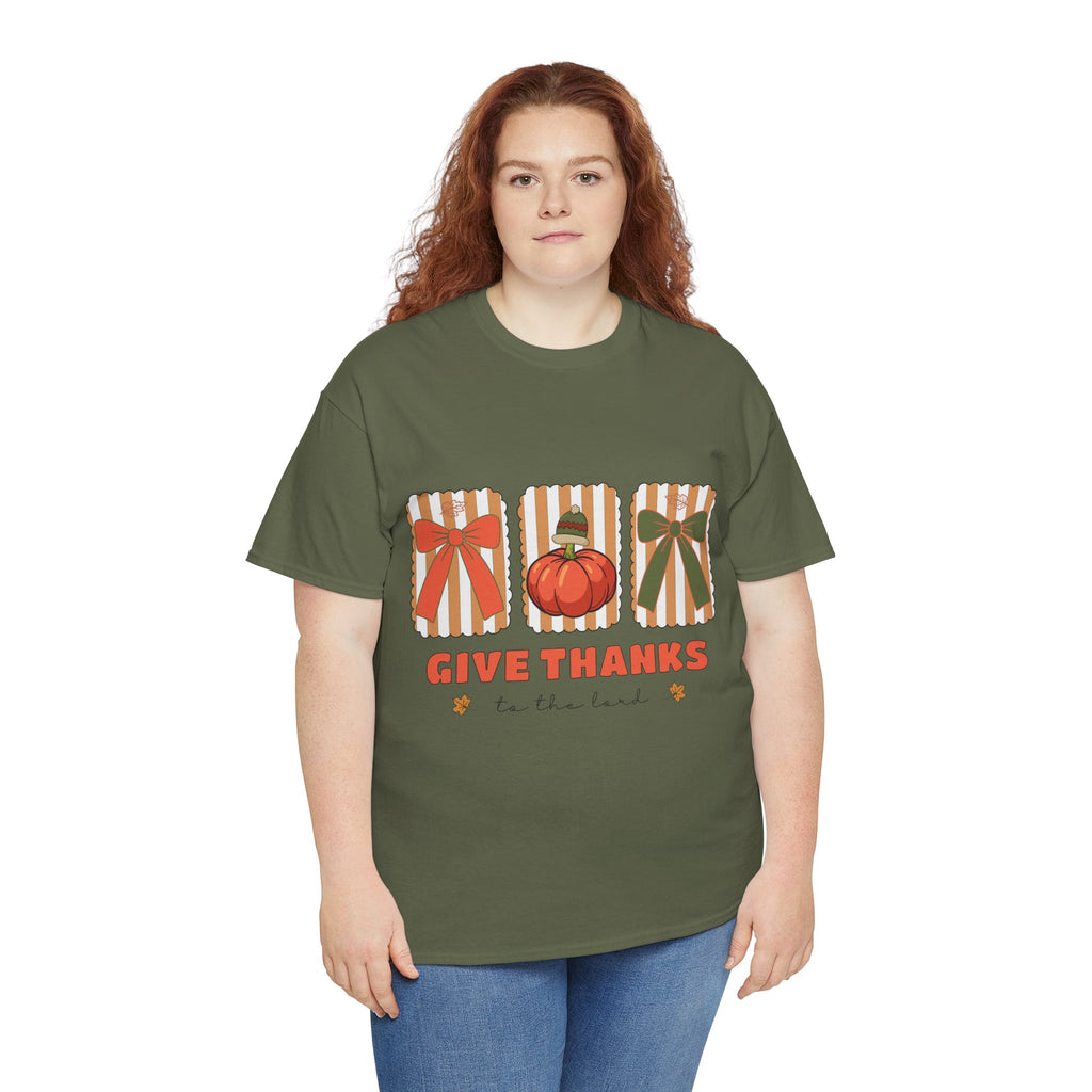 Give Thanks Thanksgiving T-Shirt — Pumpkin with Hat & Bows Unisex Cotton Tee