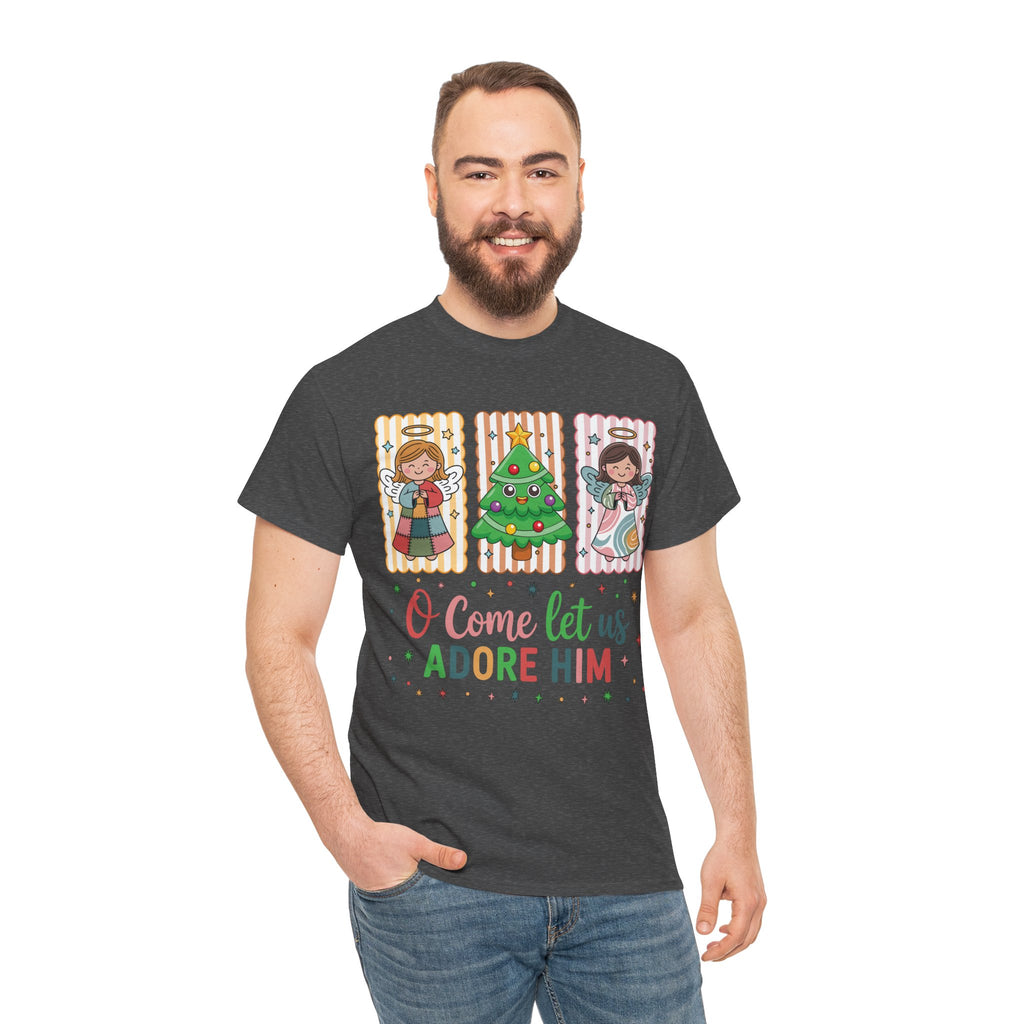O Come Let Us Adore Him Christmas Tee — Smiling Angels & Happy Tree..Unisex Cotton Tee