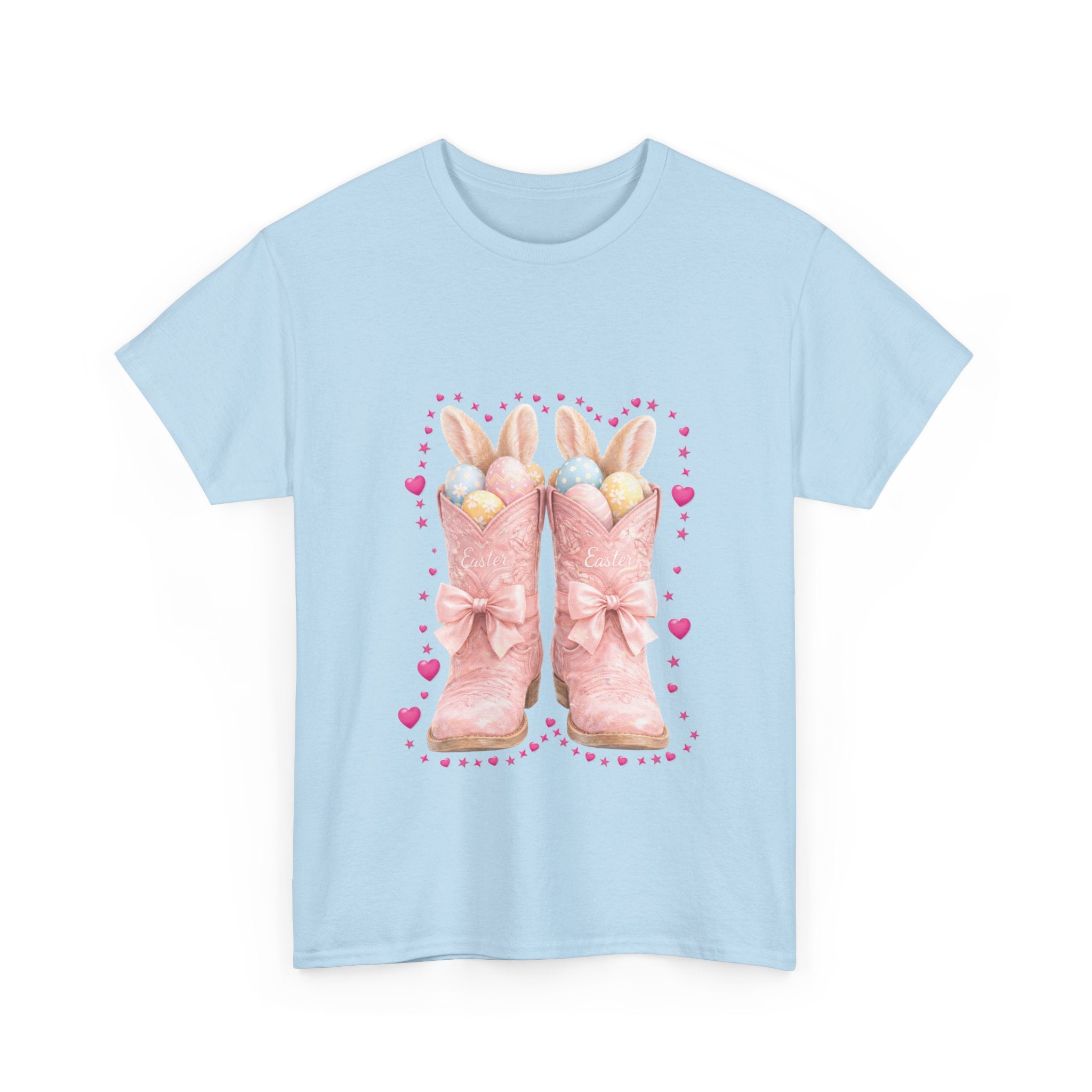 Easter Pink Western Boots Tee — Pastel Bunny Eggs & Bows Unisex Cotton Tee
