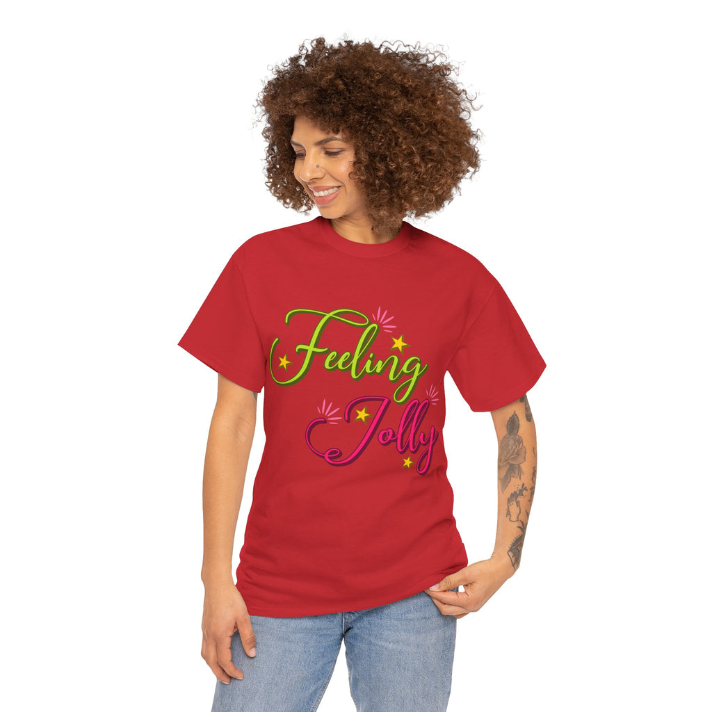 Feeling Jolly Tee — Festive Green & Pink Script with Yellow Stars Unisex Cotton Tee