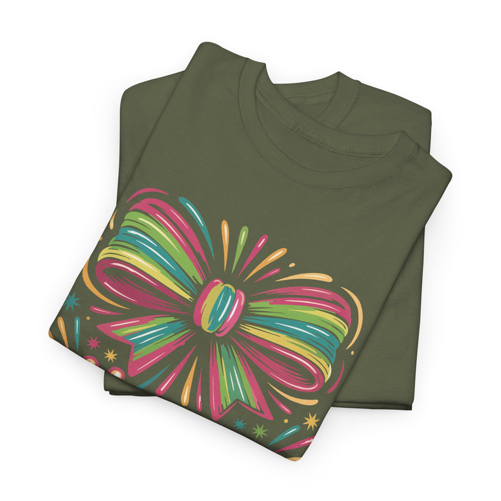 Happy New Year Pastel Tee — Rainbow Bow & Fireworks Celebration Unisex Cotton Tshirt