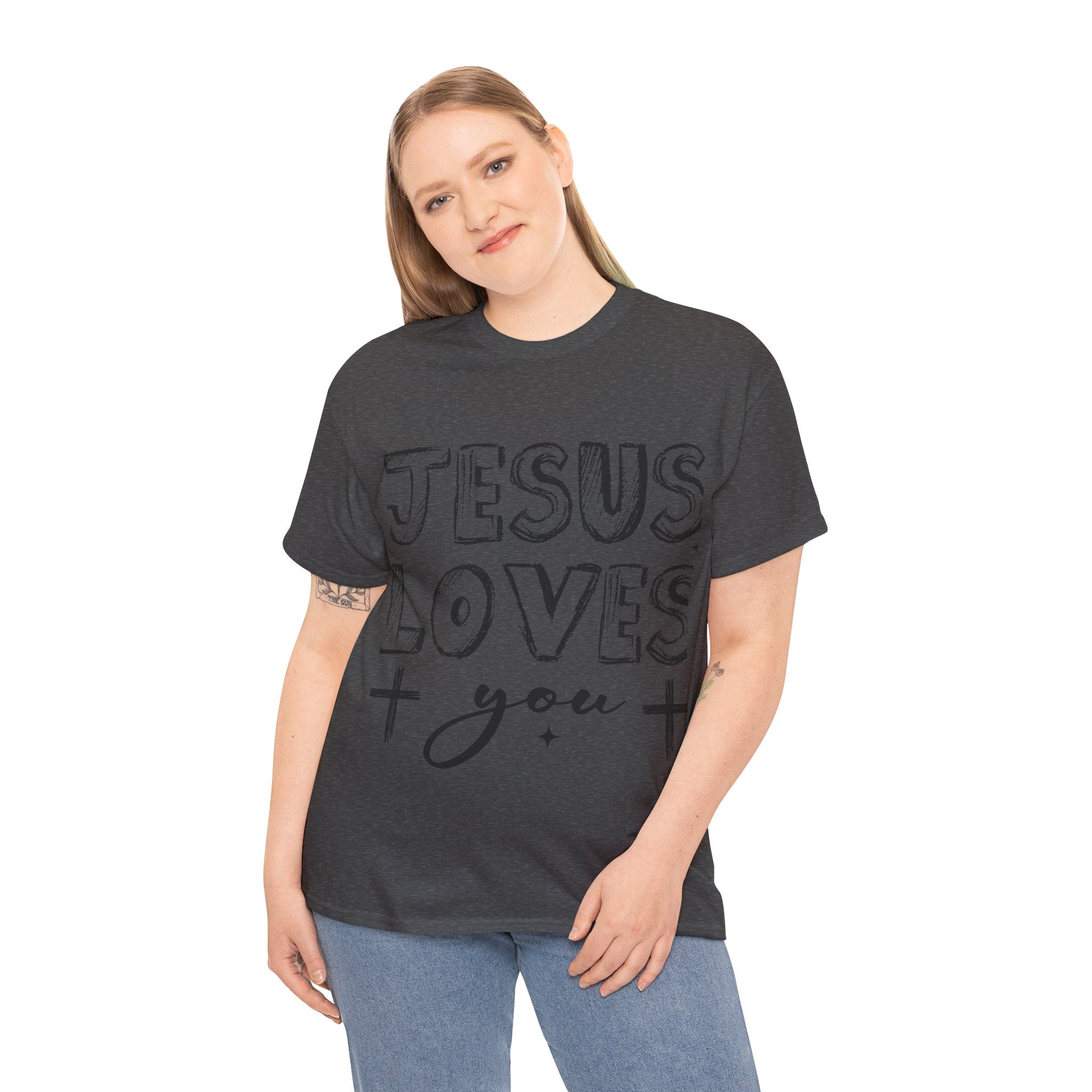 Jesus Loves You Chalk-Style Tee — Crosses & Stars Christian UNisex Cotton T-Shirt