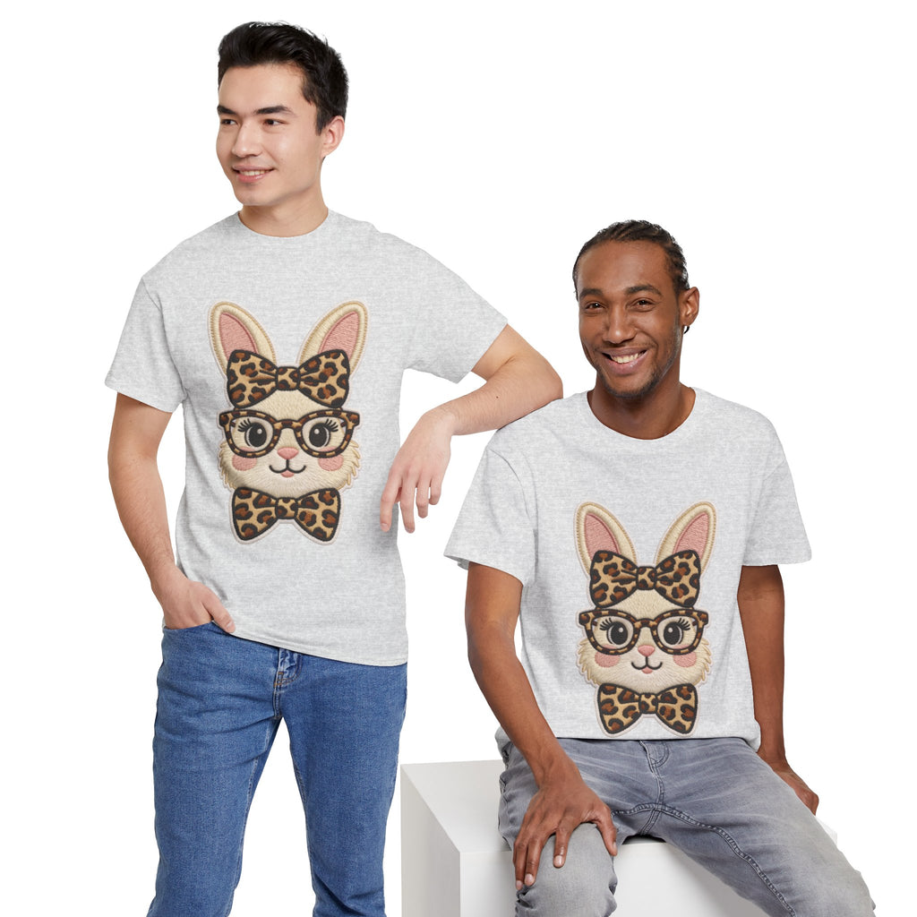 Leopard Bow Bunny Embroidered Tee — Cute Bunny Face with Glasses Patch Unisex Cotton Tee