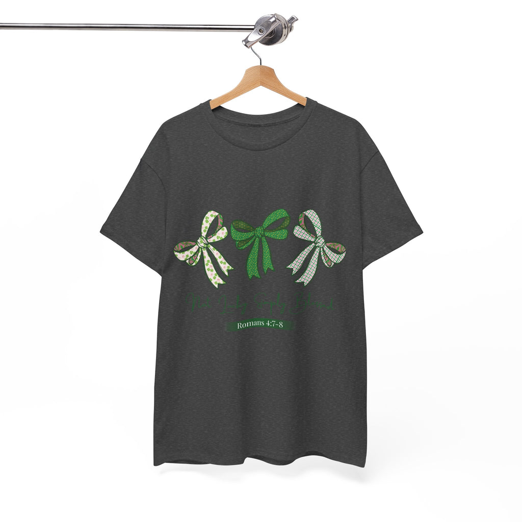 Not Lucky Simply Blessed Tee — Romans 4:7-8 Green Bow Christian Unisex Cotton T-Shirt
