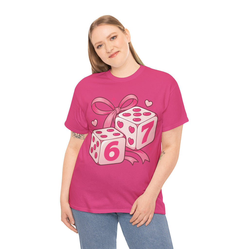 Lucky Love Dice T-Shirt — Pink Heart Dice with Bow..Unisex Cotton Tee