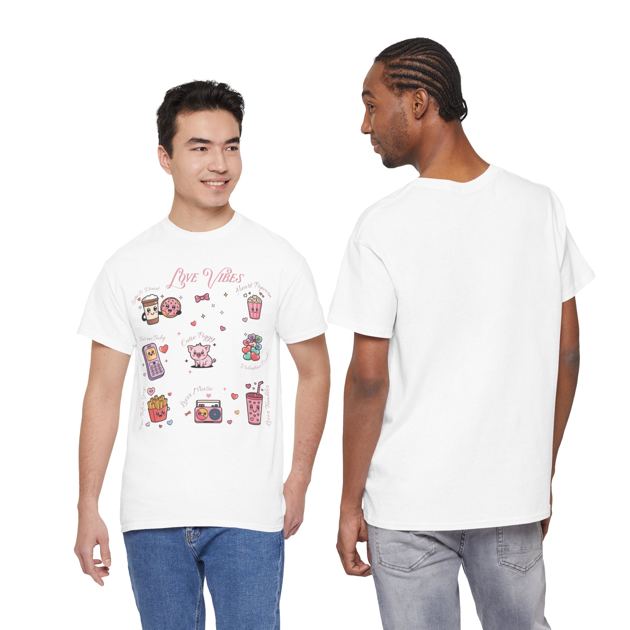 Love Vibes Kawaii Valentine T-Shirt — Cute Donut, Coffee & Piglet Design Unisex Cotton Tee