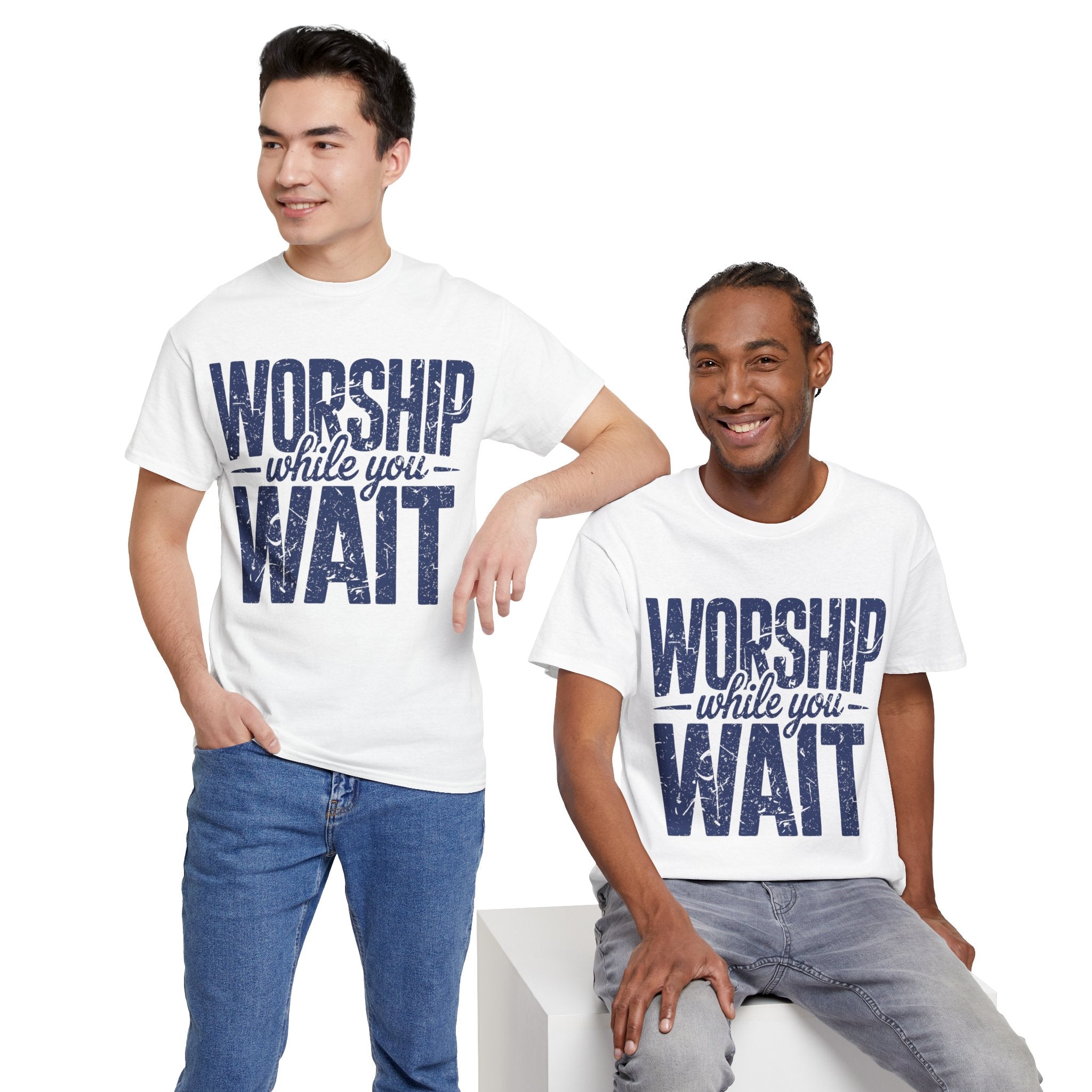 Worship While You Wait T‑Shirt — Distressed Pastel Blue Faith Unisex Cotton Tee