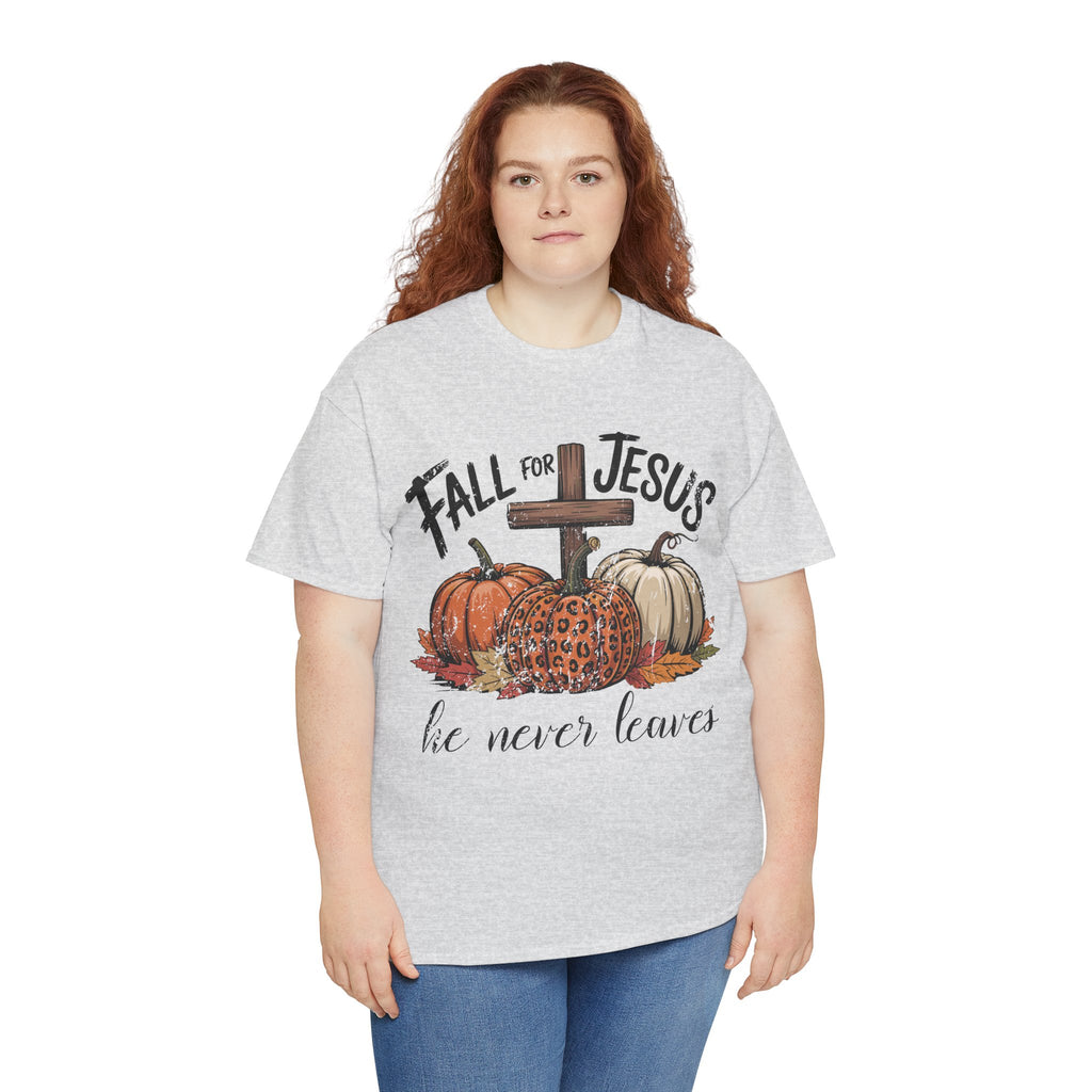 Fall for Jesus Pumpkin Cross Tee — "He Never Leaves" Autumn Christian Unisex Cotton T-Shirt