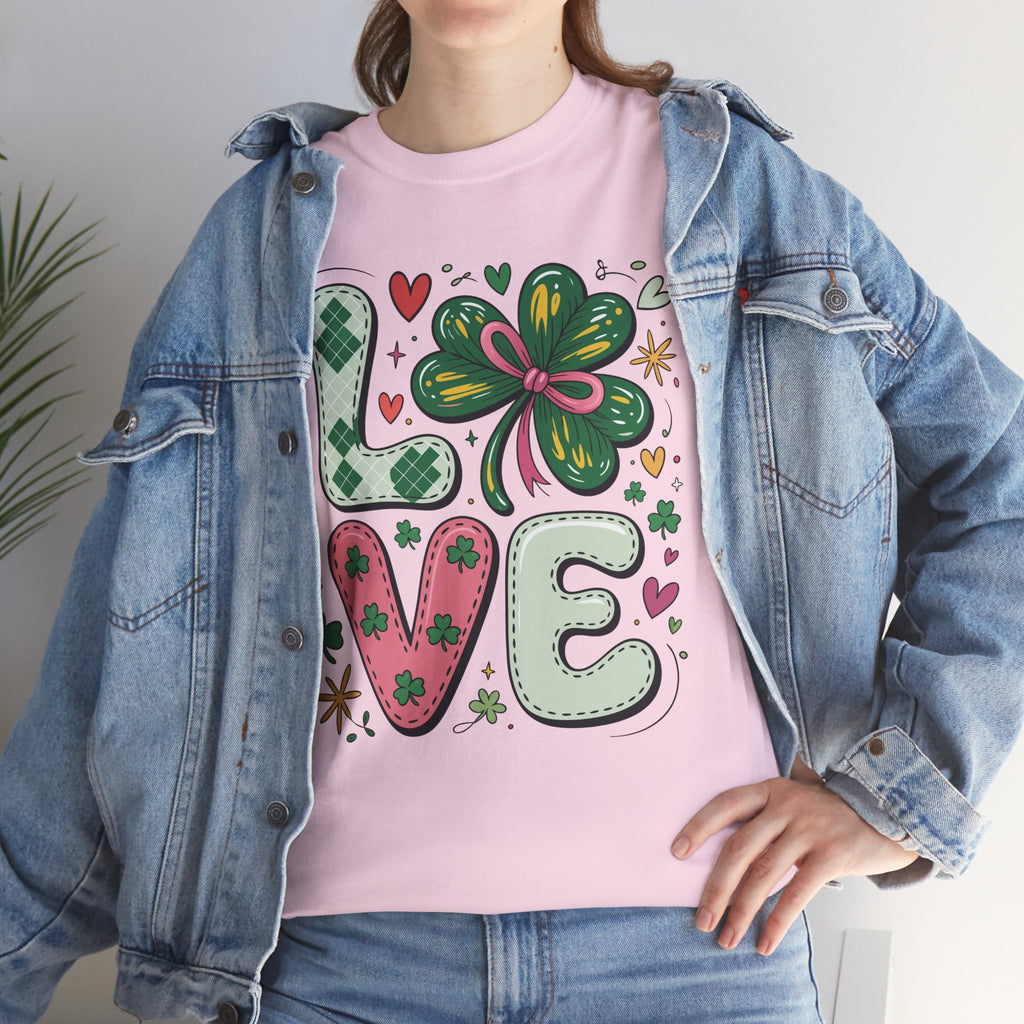Stitched Clover 'LOVE' Tee — Heart & Patchwork St. Patrick's Unisex Cotton T-Shirt