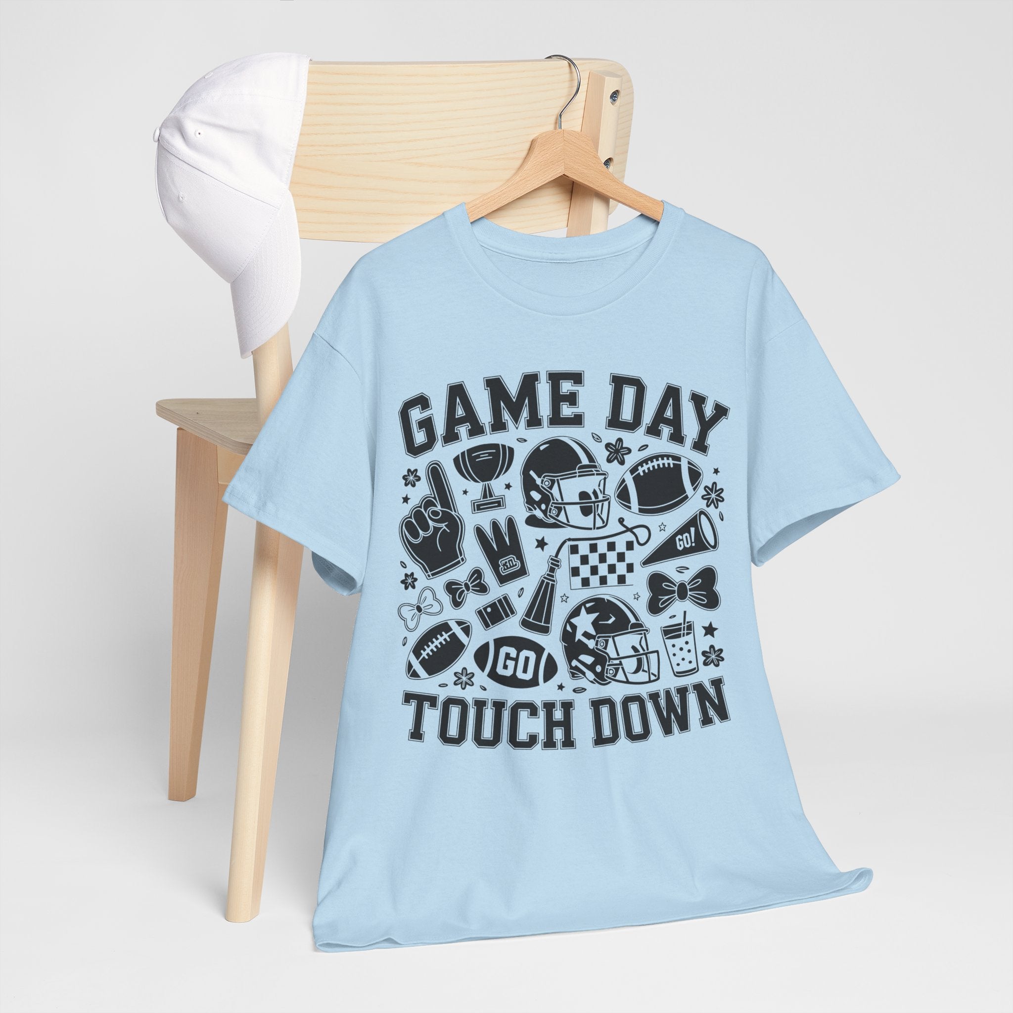 Game Day Touch Down Football T‑Shirt — Helmet & Cheer Monochrome Design Unisex Cotton Tee