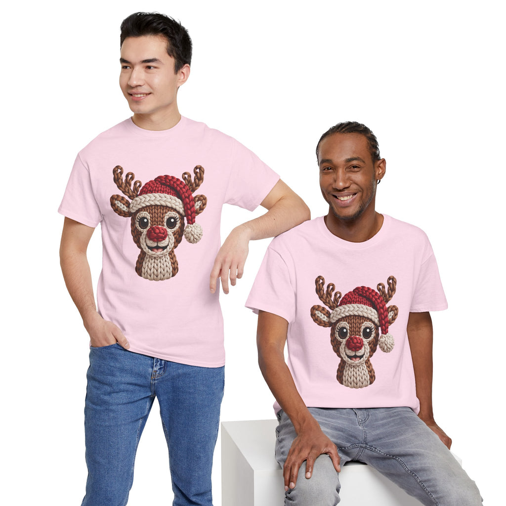 Reindeer in Santa Hat Cotton Tee — Joyful Faux-Yarn Holiday Unisex Coton T-Shirt