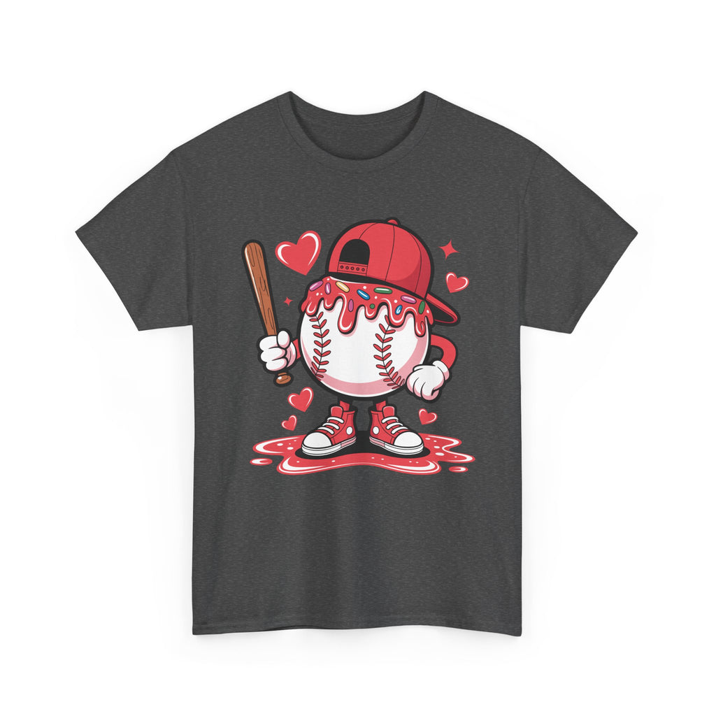 Cute Baseball Character T-Shirt — Red Cap & Icing Top Graphic with Hearts Unisex Cotton Tee