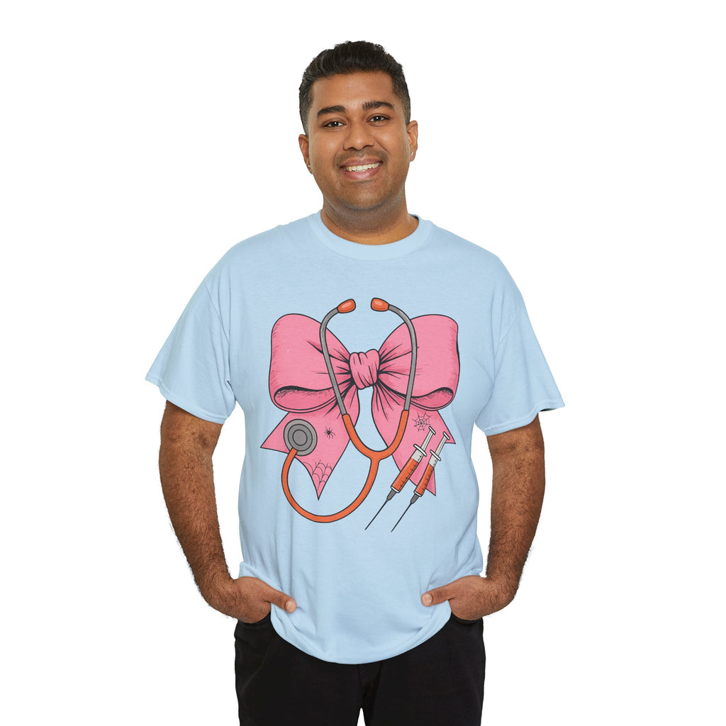 Halloween Nurse T‑Shirt — Pink Nurse Bow with Stethoscope, Syringes & Spider Webs..Unisex Cotton Tee