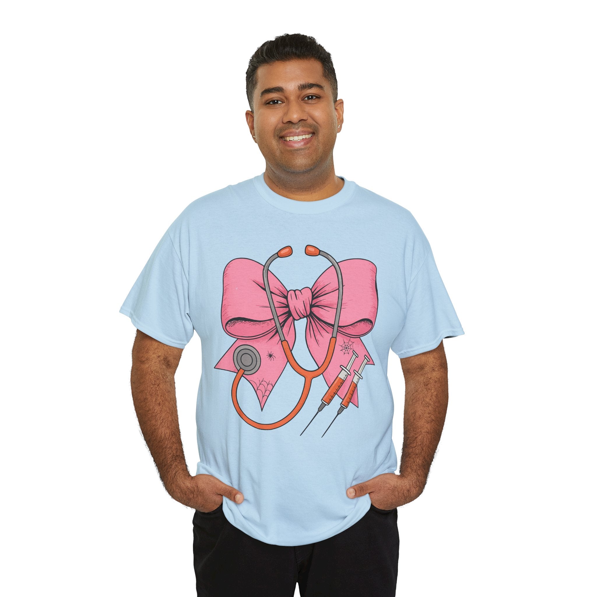 Halloween Nurse T‑Shirt — Pink Nurse Bow with Stethoscope, Syringes & Spider Webs..Unisex Cotton Tee