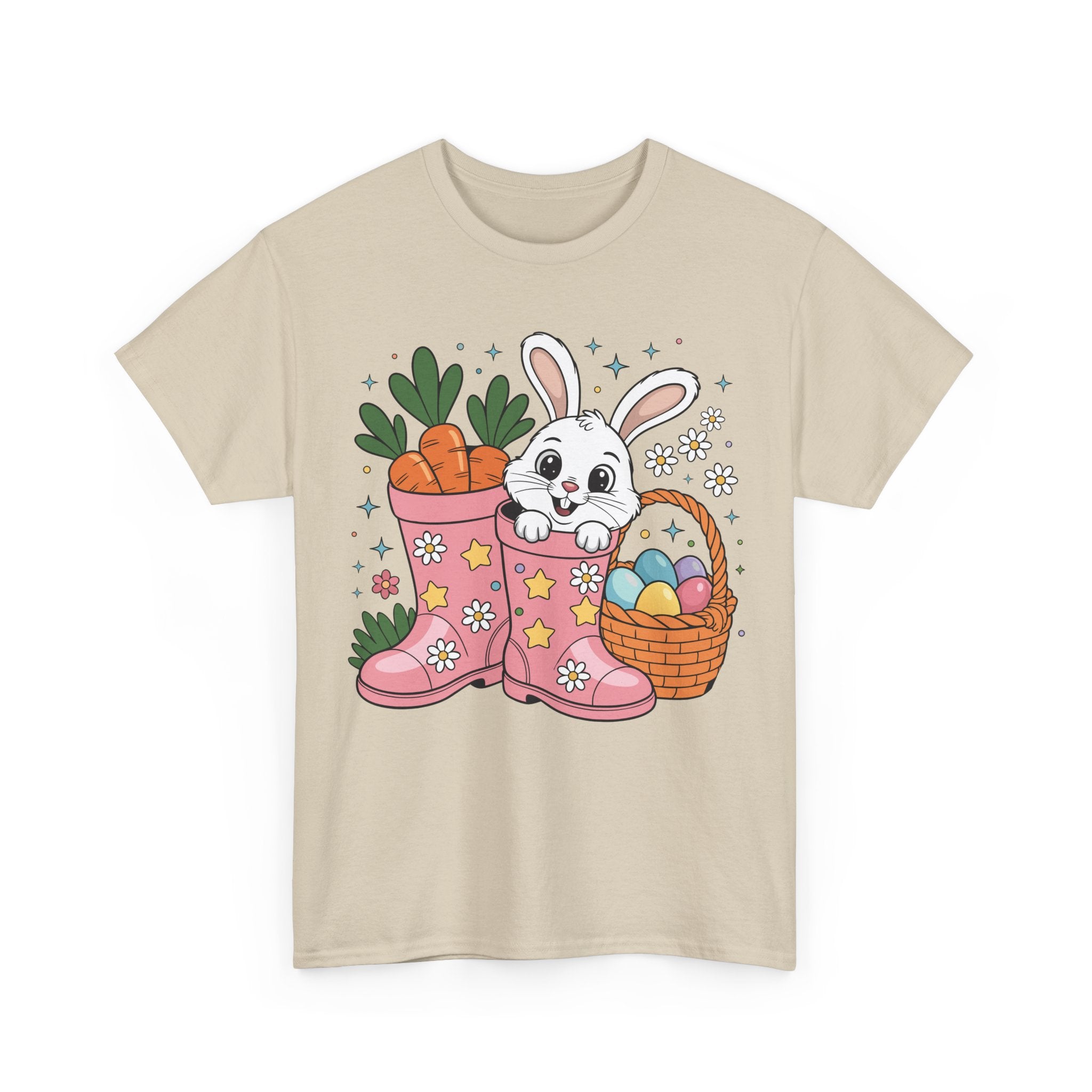 Easter Bunny in Pink Rain Boots T-Shirt — Cartoon Bunny, Carrots & Colorful Eggs Unisex Cotton Tee