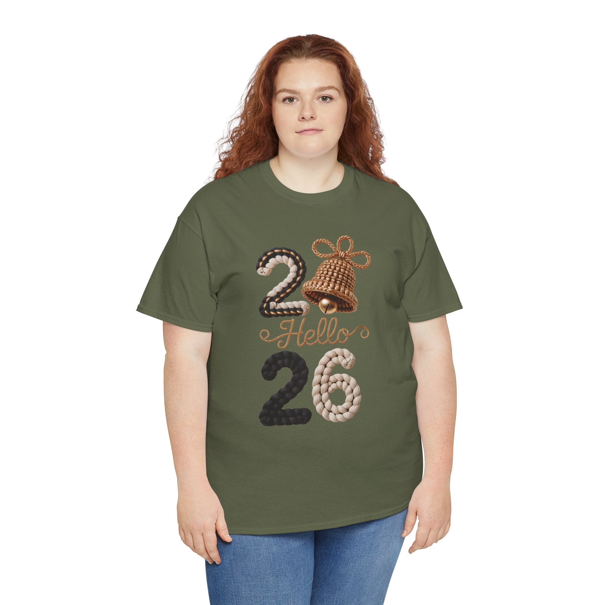 Hello 2026 Tee — Cozy Faux Yarn Braided Numbers with Woven Golden Bell..Unisex Cotton Tee