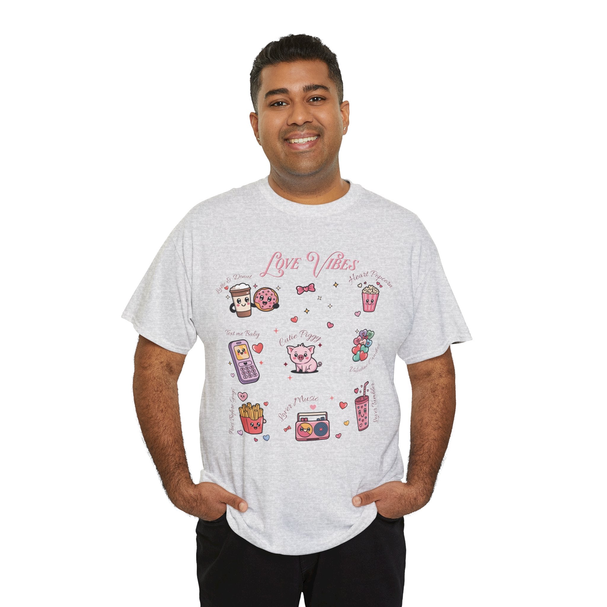 Love Vibes Kawaii Valentine T-Shirt — Cute Donut, Coffee & Piglet Design Unisex Cotton Tee