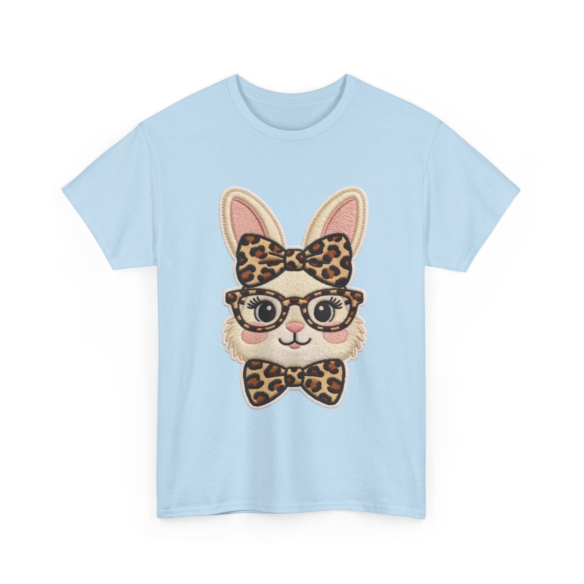 Leopard Bow Bunny Embroidered Tee — Cute Bunny Face with Glasses Patch Unisex Cotton Tee
