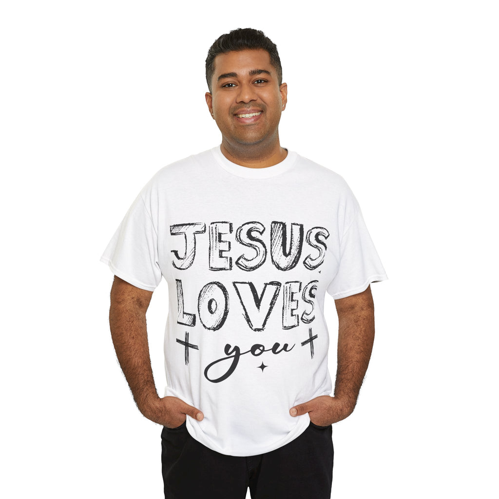 Jesus Loves You Chalk-Style Tee — Crosses & Stars Christian UNisex Cotton T-Shirt