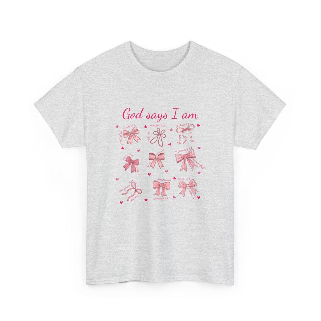 God Says I Am Christian Tee — Pink Affirmation T-Shirt with Bible Verse Bows.Unisex Cotton Tee